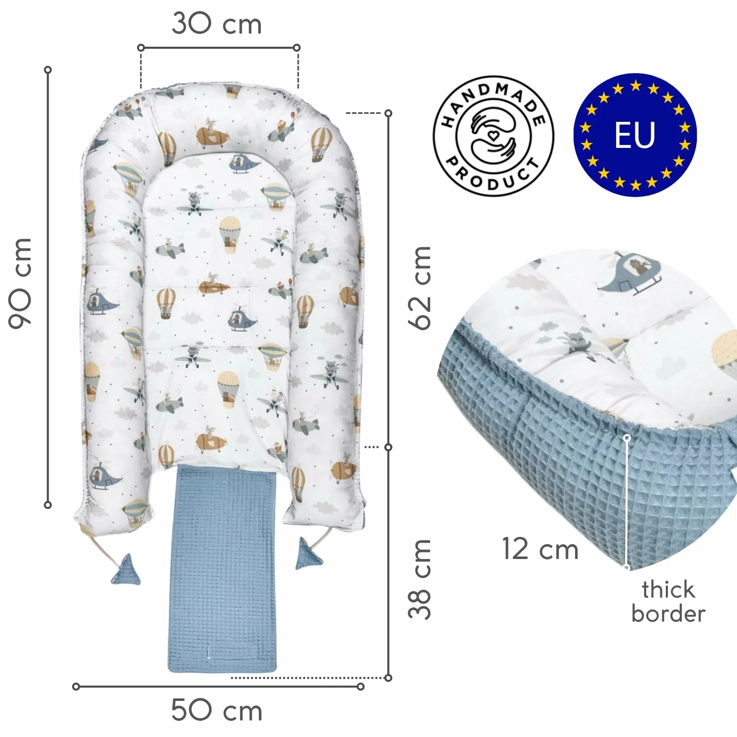 Gniazdo dla niemowląt, 100% organiczna bawełna, reduktor do łóżeczka, miękkie i oddychające przenośne mini łóżeczko, idealne do podróży, wyprodukowane w Hiszpanii