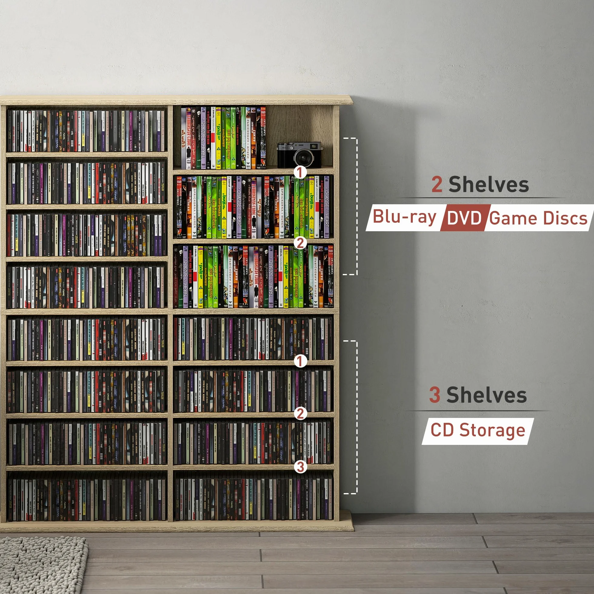 HOMCOM 720 CD/396 DVD, regał do przechowywania multimediów Blu-ray 396 z 16 przegródkami i 12 regulowanymi półkami, wieża CD do salonu, sypialni, biura, wykończenie z naturalnego drewna