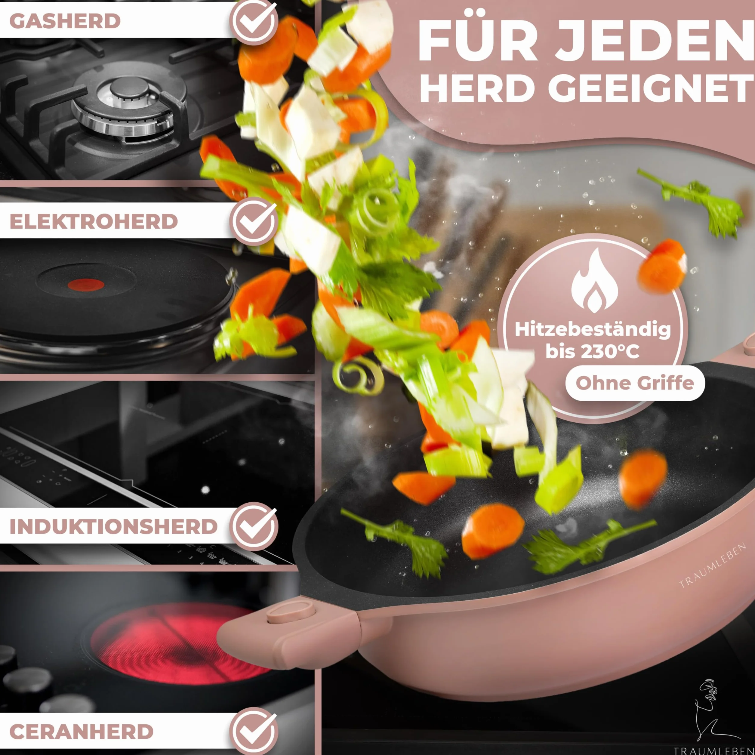 TRAUMLEBEN® Patelnia 28 cm z pokrywką, zdejmowane uchwyty i wskaźniki ciepła, nie zawiera PFOA, nadaje się do kuchenek indukcyjnych, powlekana patelnia z wysoką krawędzią do smażenia, duszenia, duszenia, gotowania i delektowania się