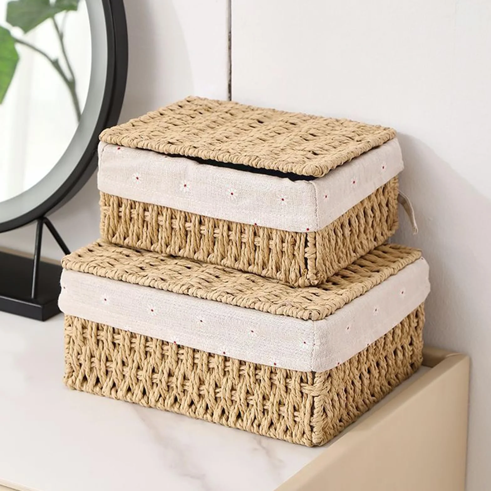 Koszyki Pleciony z Liny Papierowej Boho Decor 3 Rozmiary do Przechowywania z Pokrywką