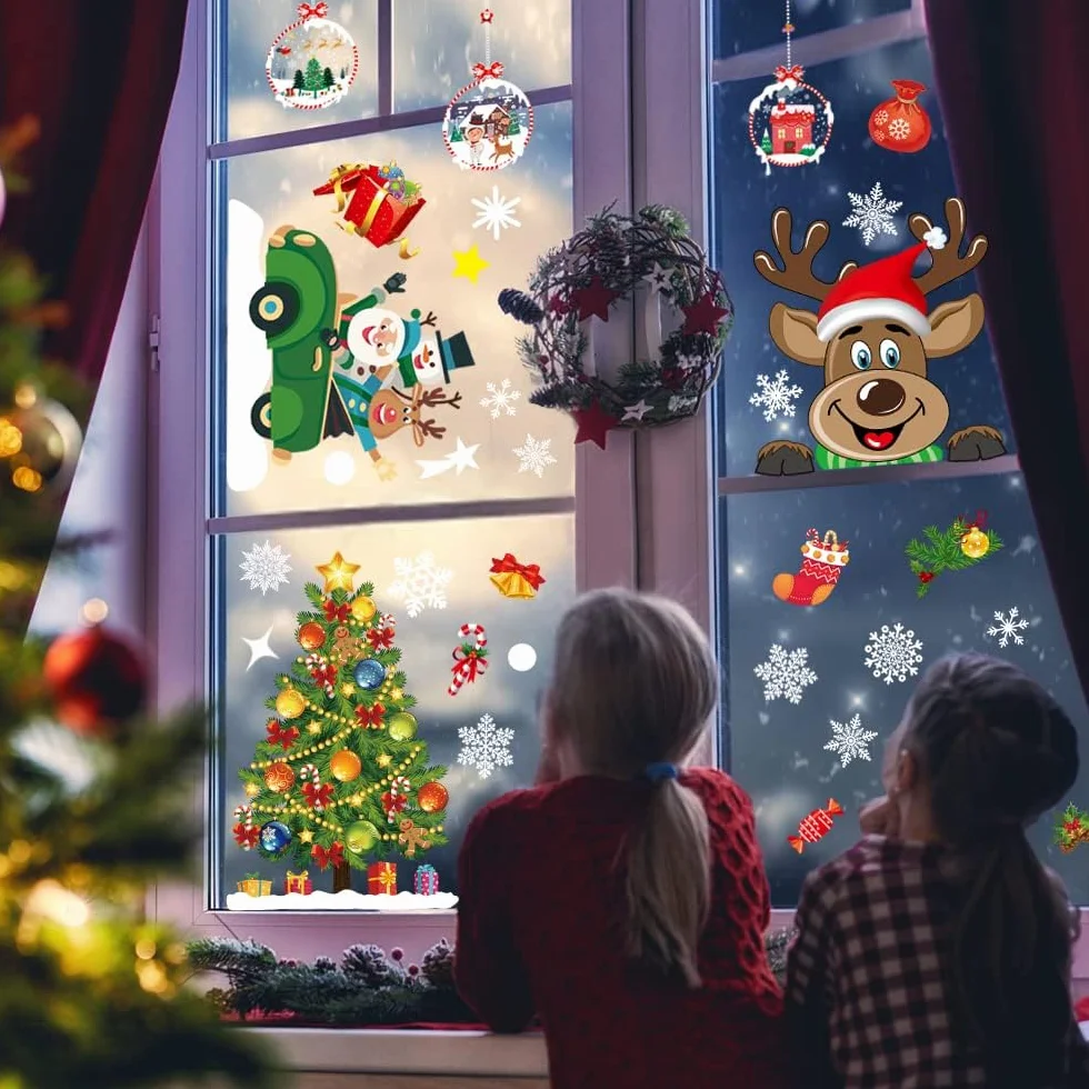 Świąteczne naklejki na okna Clings, Świąteczne dekoracje okienne Xmas naklejki na okna Dwustronne świąteczne naklejki na okna Decals Wielokrotnego użytku naklejki świąteczne na okna (8 arkuszy