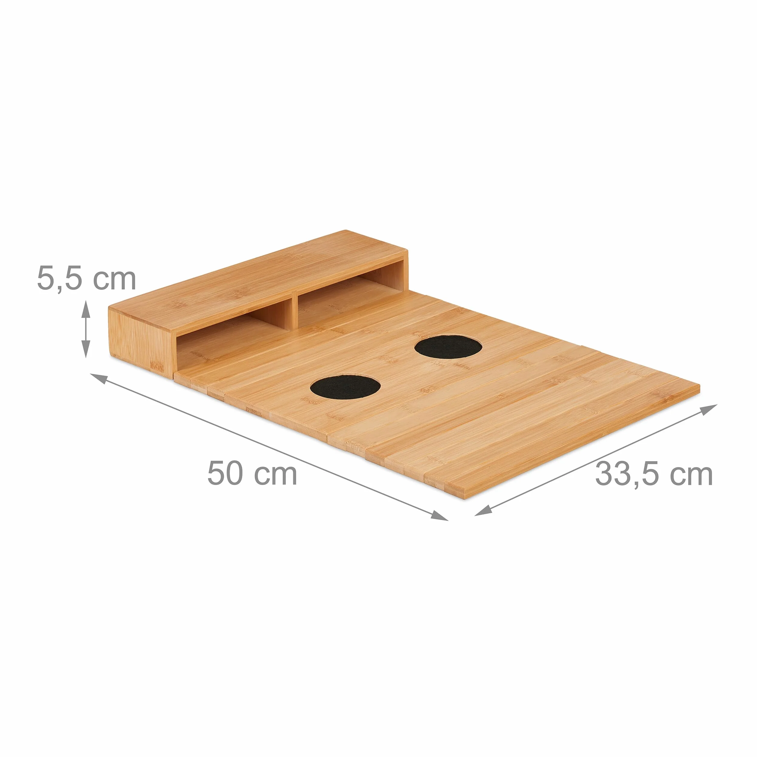 Relaxdays Taca na sofę z podłokietnikami, bambusowa, wys. x gł.: 5,5 x 50 x 33,5 cm, półka na sofę z podstawkami, 2 przegródki, naturalna/czarna