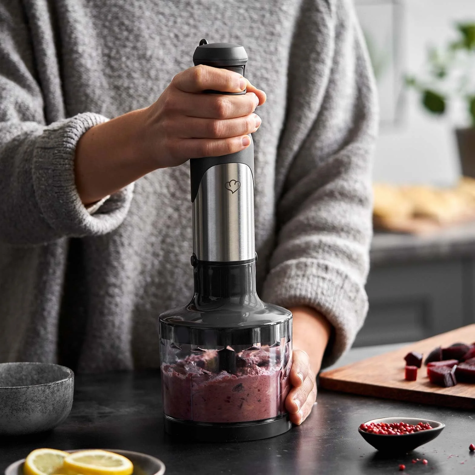 SPRINGLANE Zestaw blendera ręcznego ze stali nierdzewnej Sam 800 W, blender immersyjny z blenderem, pojemnik z pokrywką, rozdrabniacz, trzepaczka, hak do mieszania i ugniatania, torba do