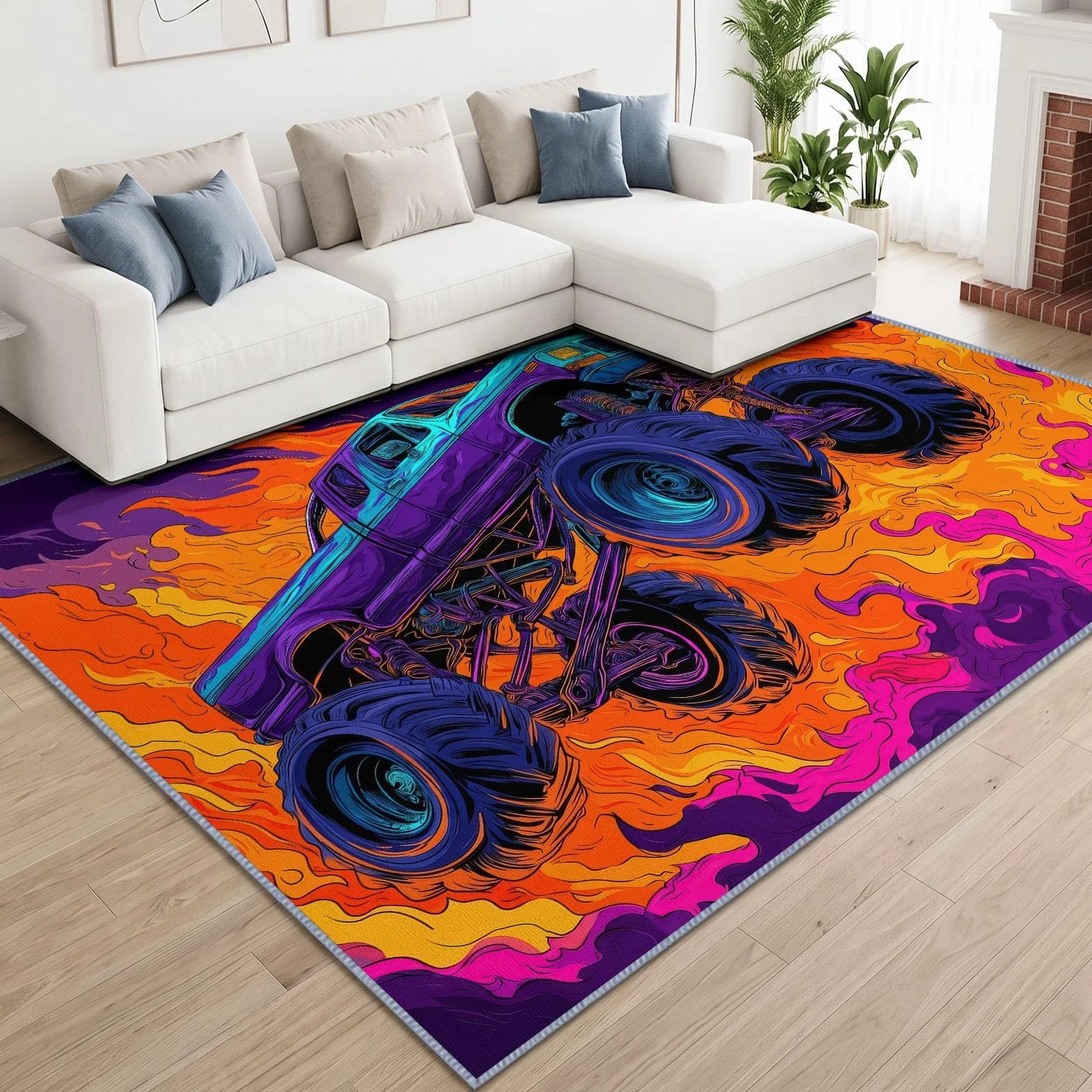 American Street dywan 160 x 230 cm, zmywalny, Monster Truck, płomień, dywan do salonu, antypoślizgowy dywan z niskim runem do sypialni, jadalni, salonu, biura, wewnątrz, dekoracja domu, dekoracyjny