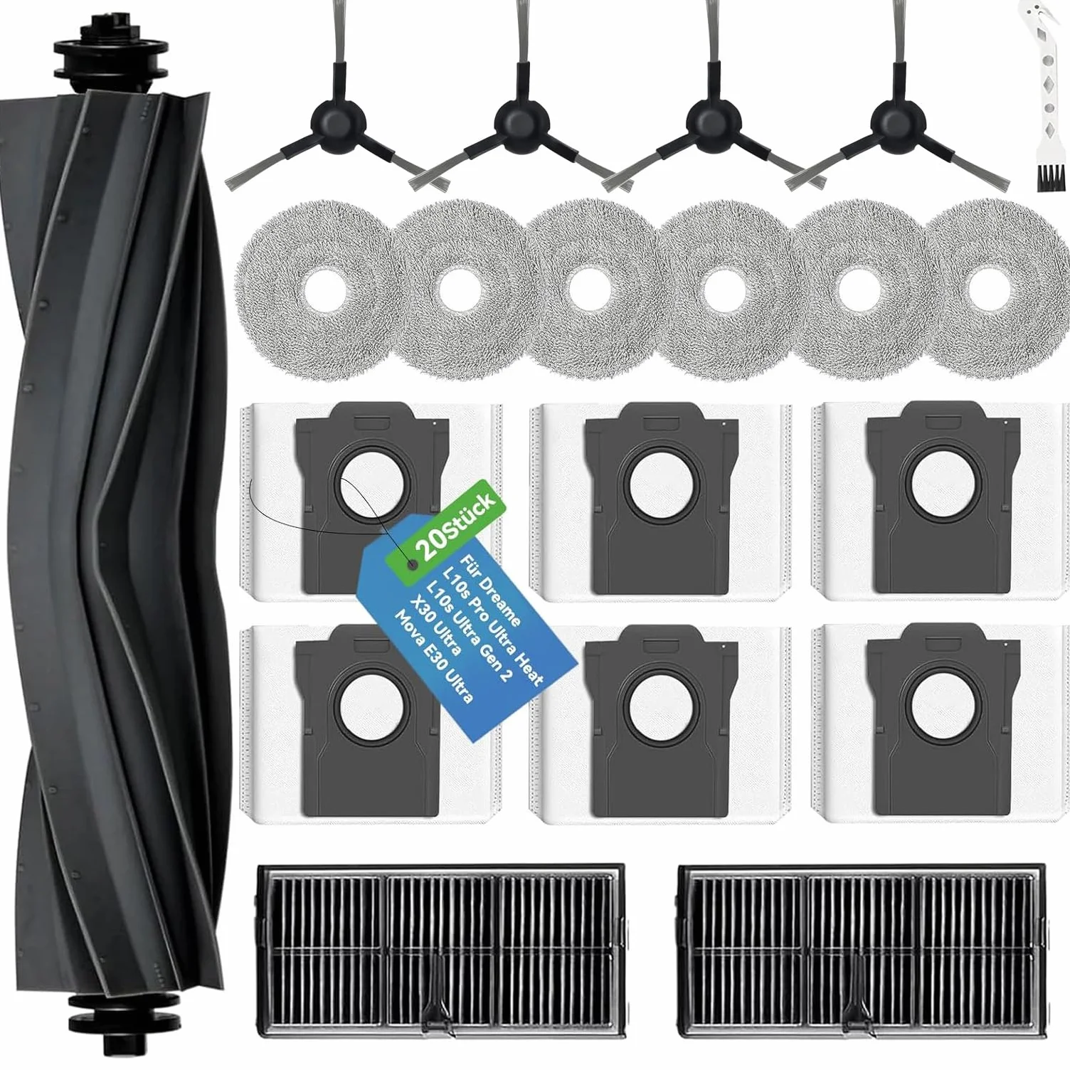 20 sztuk akcesoriów do Dreame L10s Pro Ultra Heat/L10s Ultra Gen 2/X30 Ultra/Mova E30 Ultra – 1 szczotka główna, 6 worków do kurzu, 6 ściereczek, 2 filtry HEPA, 4 szczotki boczne i 1 szczotka do