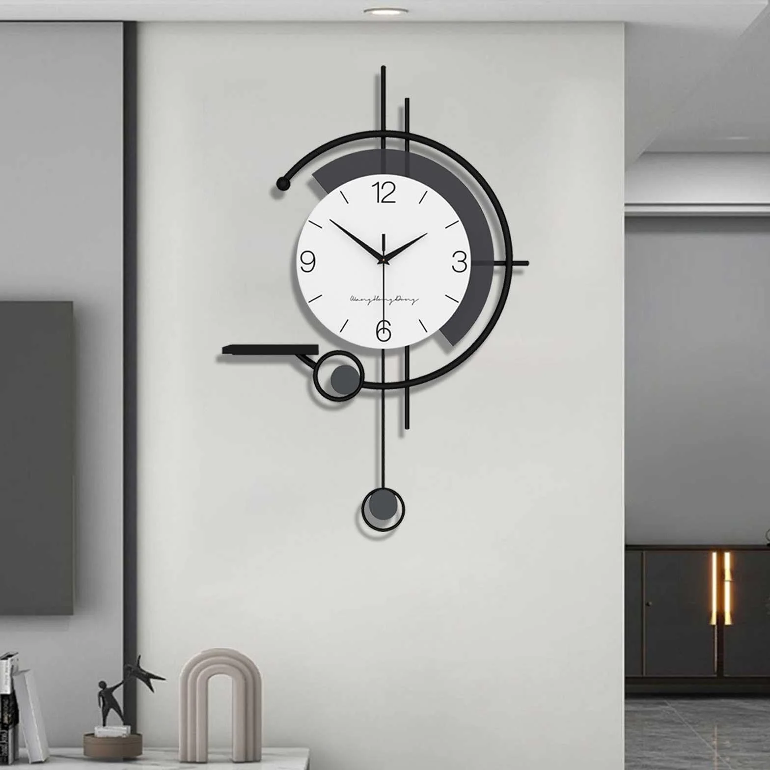 Minimalistyczny nowoczesny zegar ścienny, duży kreatywny, dekoracyjny zegar ścienny ze stołem, metalowa rama + cyferblat z drewna, zegar ścienny bez odgłosów tykania, do salonu, sypialni, biura