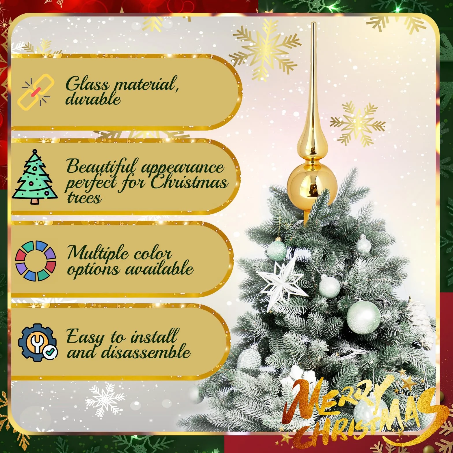 Szpic na choinkę ze szkła, matowy szpic na choinkę, złoty 26 cm, ozdoba choinkowa szpic, czubek choinki na Boże Narodzenie, szpic na choinkę złoty Christmas Tree Topper (Złoty błyszczący)
