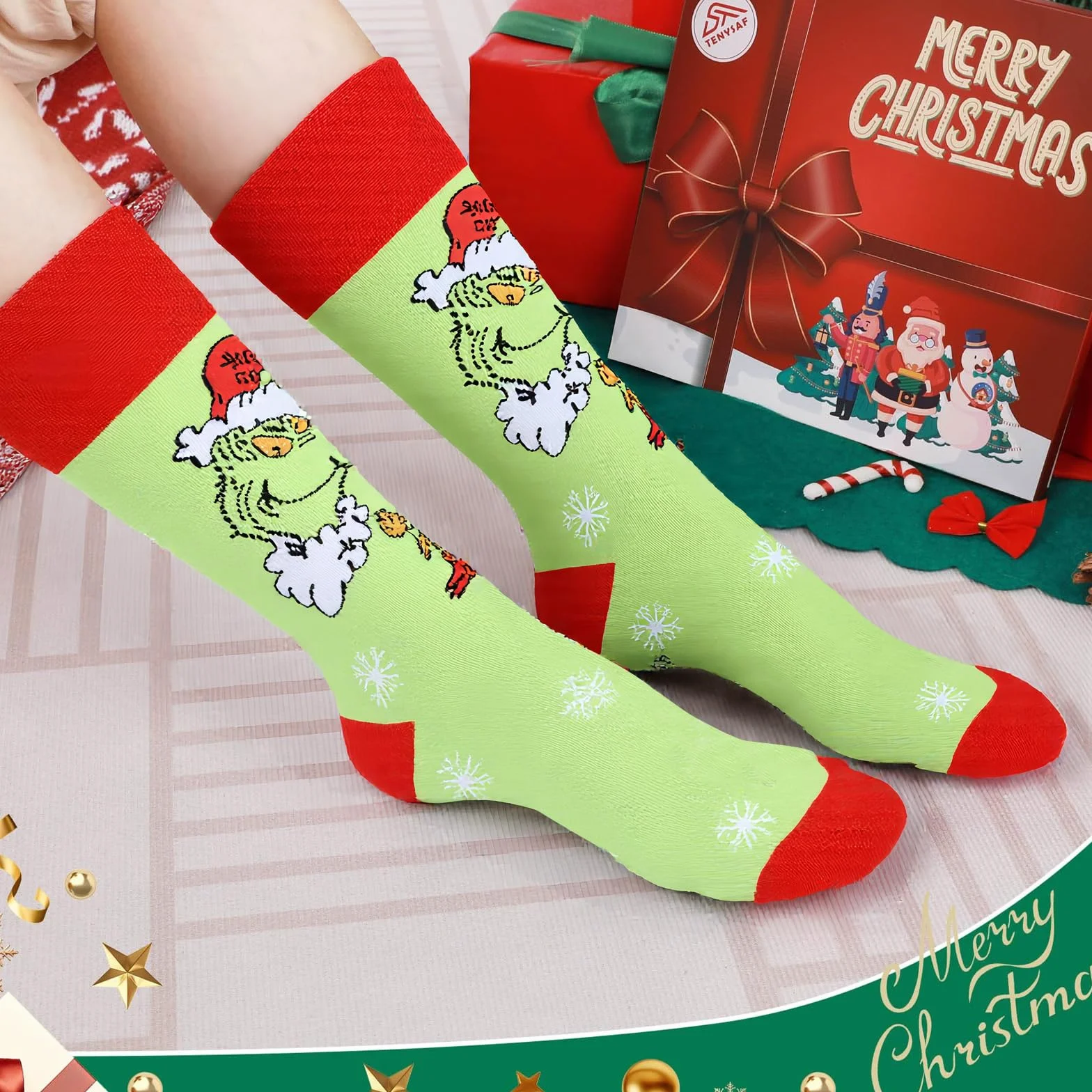 Skarpety świąteczne Grinch, Śmieszne skarpety męskie, Spersonalizowane skarpety świąteczne, świąteczne pończochy Torby na prezenty, Boże Narodzenie Bawełniane skarpetki, Boże Narodzenie