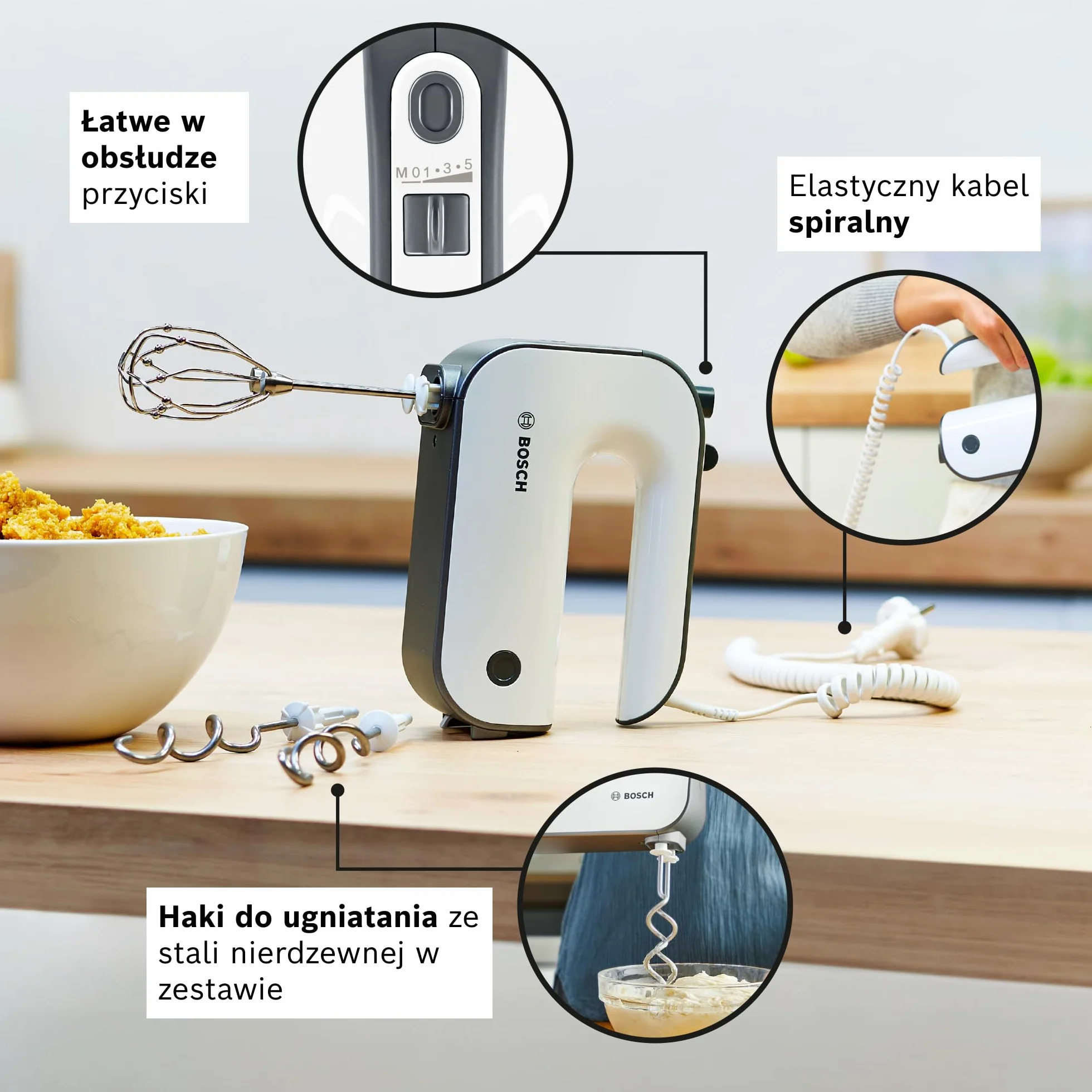 Bosch Styline, mikser ręczny, 850 W, mieszadła FineCreamer, haki do zagniatania ciasta, metalowa stopa do blendowania, pojemnik do miksowania z miarką, MFQ49700, biały