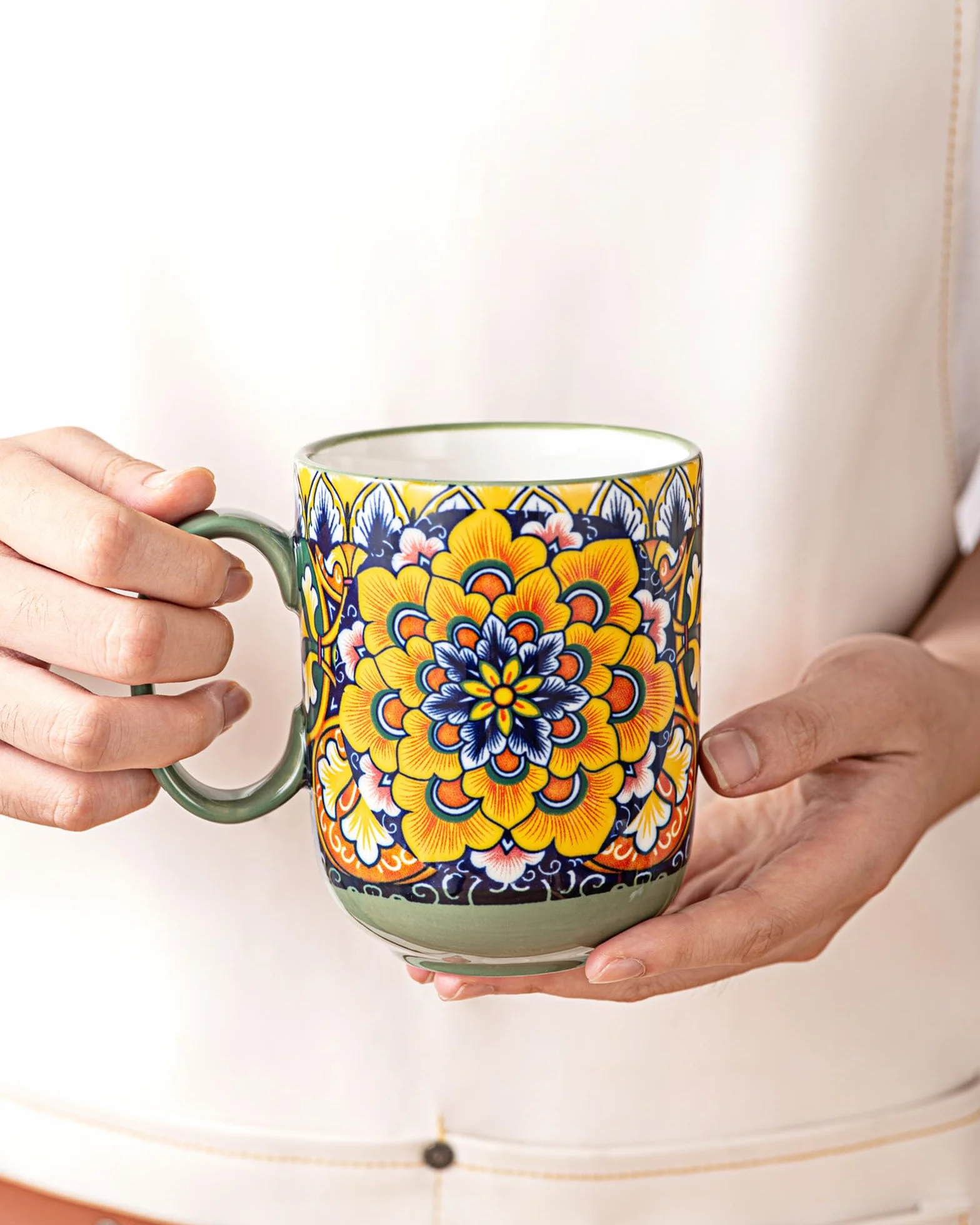 Zestaw 6 filiżanek do kawy, z uchwytem, 410 ml, porcelanowe filiżanki do herbaty, kawy, mleka, cappuccino, kolorowe, 6 sztuk w opakowaniu - styl boho