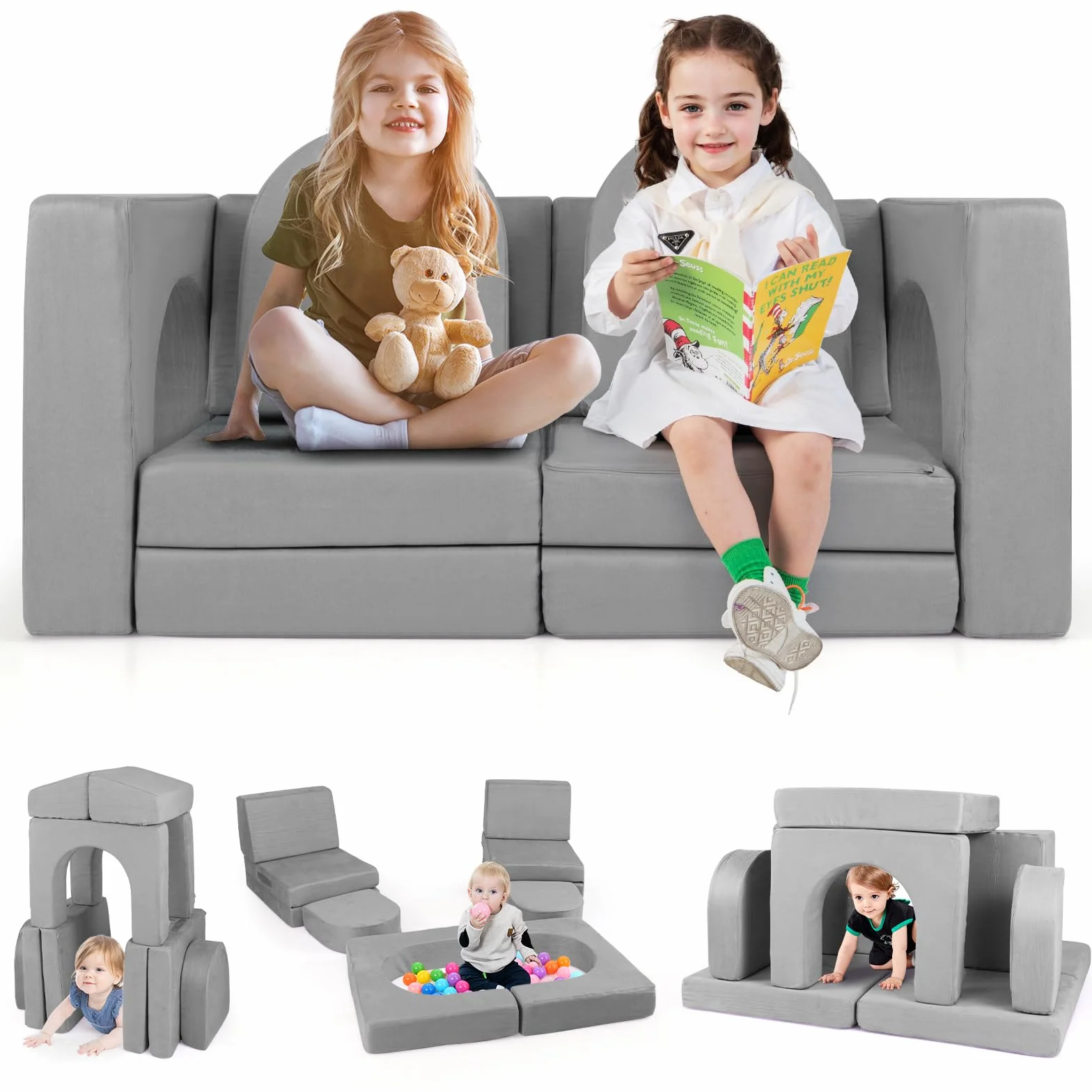 COSTWAY Sofa dziecięca 8-częściowa, sofa do zabawy z pianki z klocków z wygodnego zamszu, modułowa sofa do zabawy dla dzieci (szara)