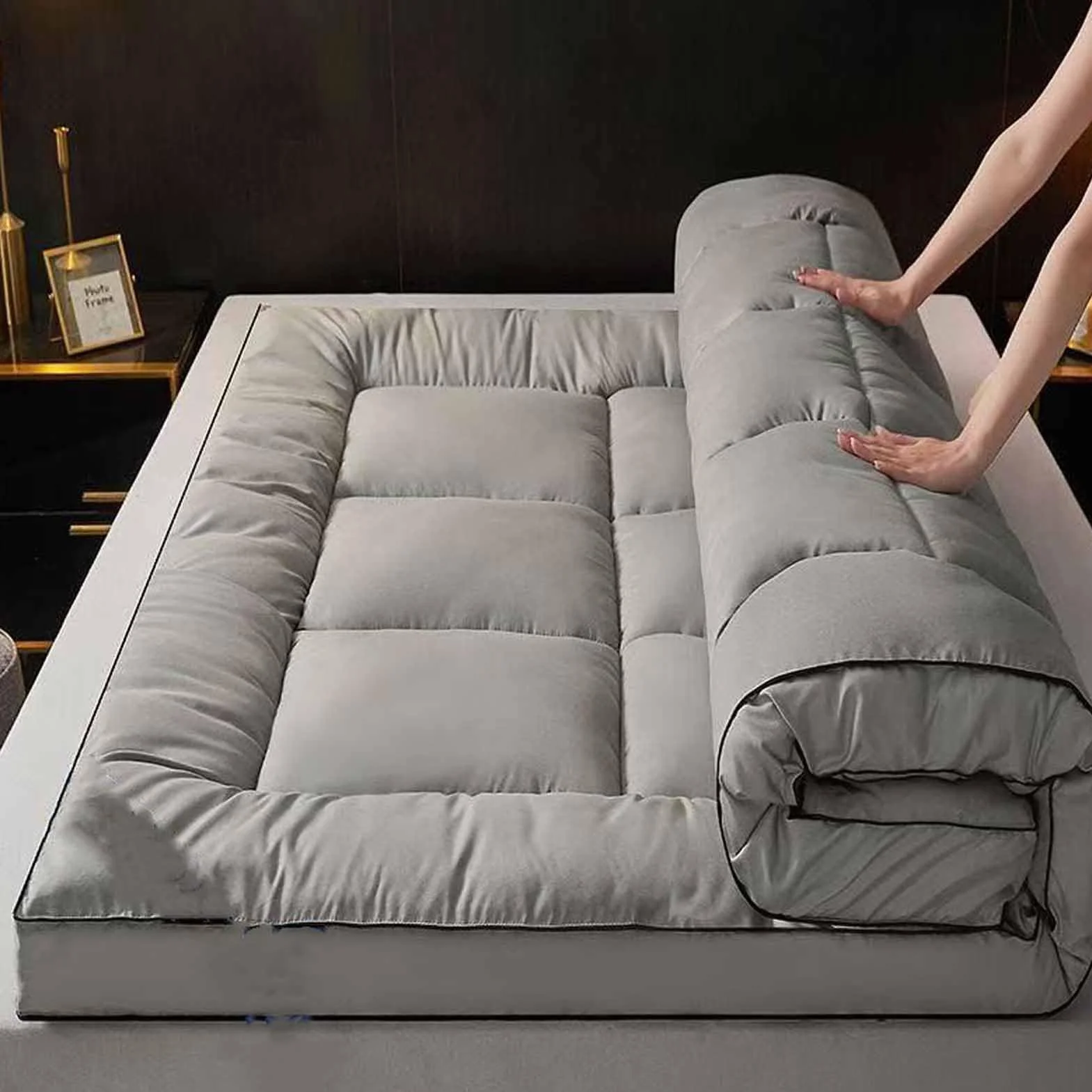 Składany, zwijany, pełnowymiarowy japoński materac Futon, przenośna sypialnia w akademiku i karimata kempingowa Grey 90X190cm