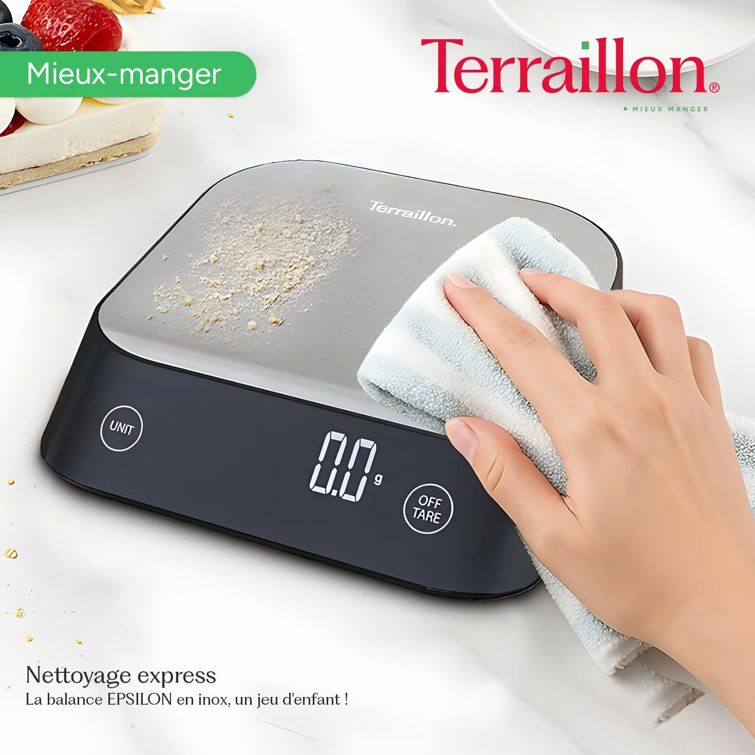 TERRAILLON - EPSILON - Precyzyjna elektroniczna waga kuchenna, kompaktowa, pojemność 5 kg, dynamiczna podziałka 0,1g-0,5g-1g, podświetlany wyświetlacz LCD, stal nierdzewna