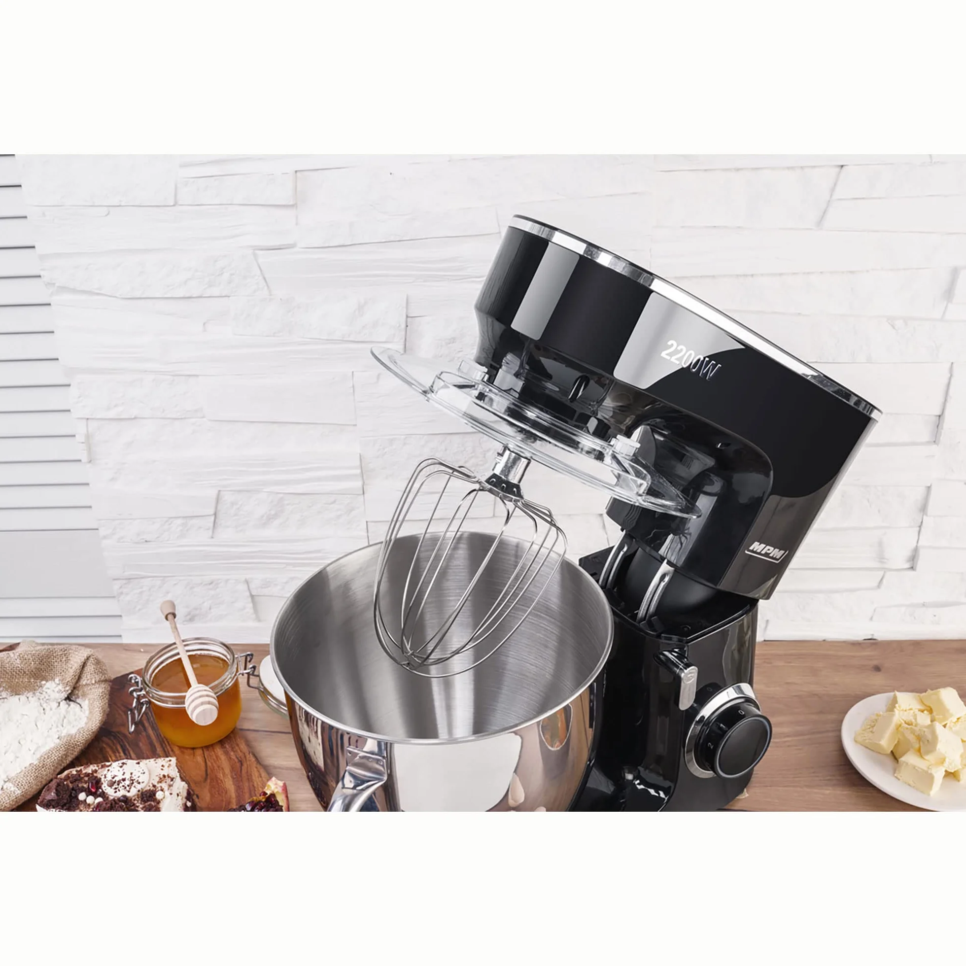 MPM MRK-19B robot kuchenny, piekarnia, profesjonalny blender, ugniatarka, ciasto, orbital + waga, 2200 W, maks. 6,5 l, miska ze stali nierdzewnej, 6 stopni prędkości + funkcja pulsu, system