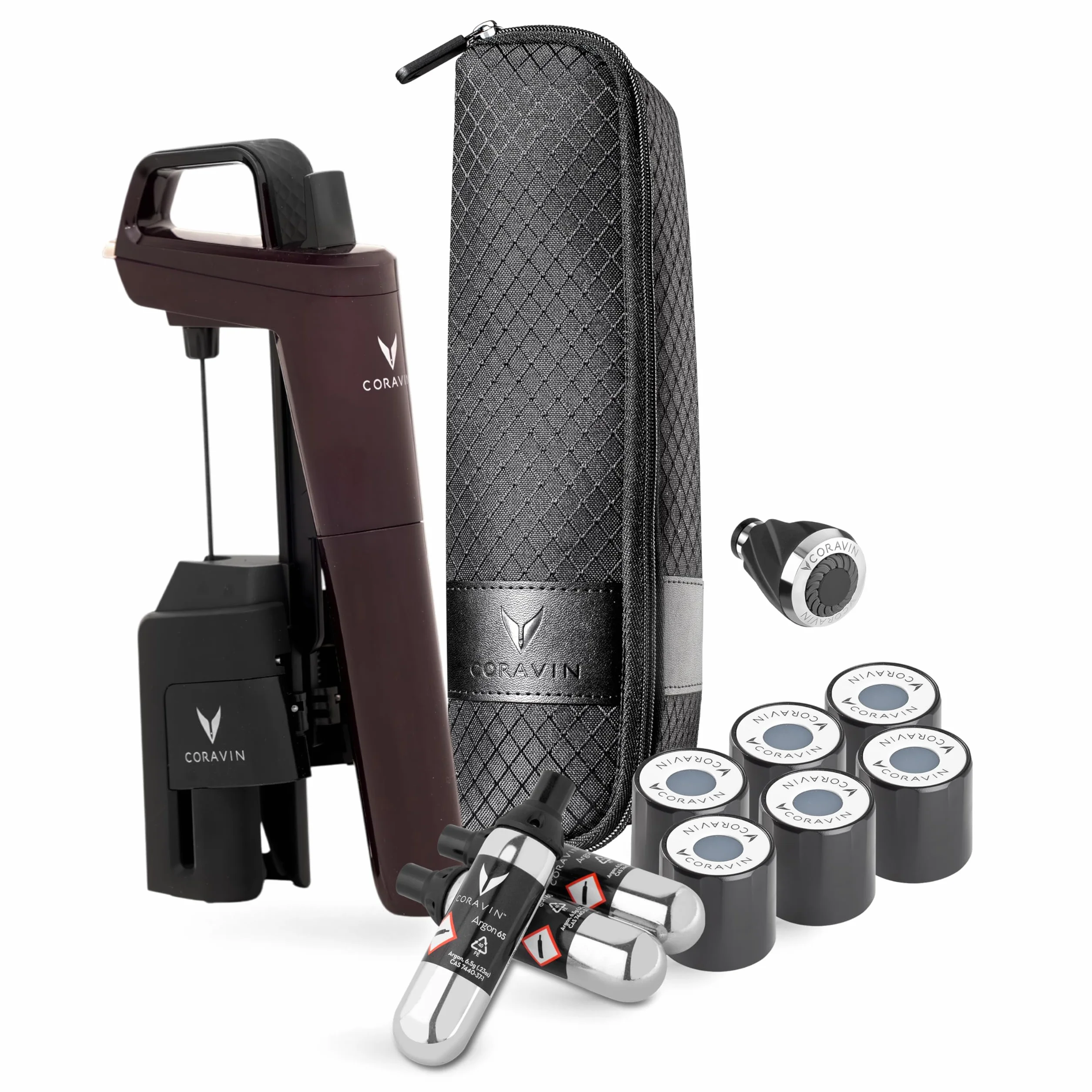 Coravin Ponadczasowy system konserwacji wina Six Plus - by-The-Glass Wine Saver - z 3 kapsułkami czystego argonu, 6 zakrętkami i napowietrzaczem wina, edycja limitowana Hermitage Red