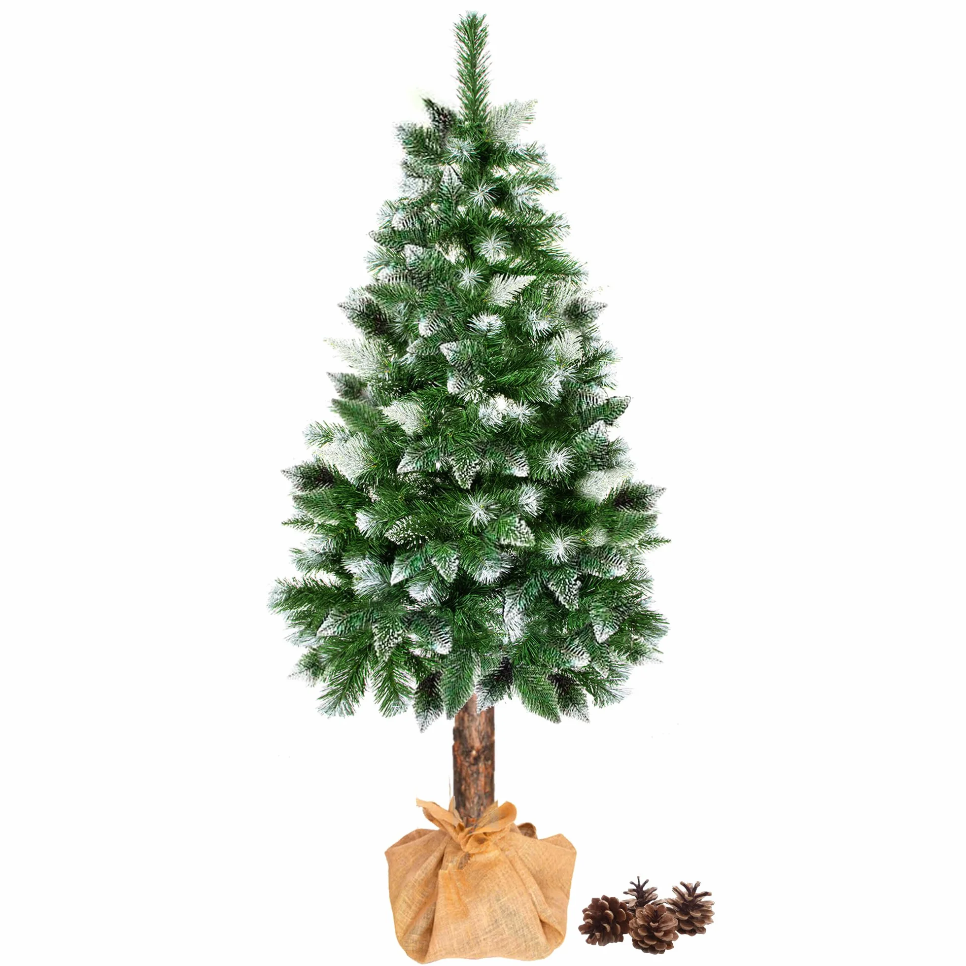 SPRINGOS Choinka 160 cm sosna diamentowa z naturalnym pniem sztuczny śnieg stojak naturalne szyszki