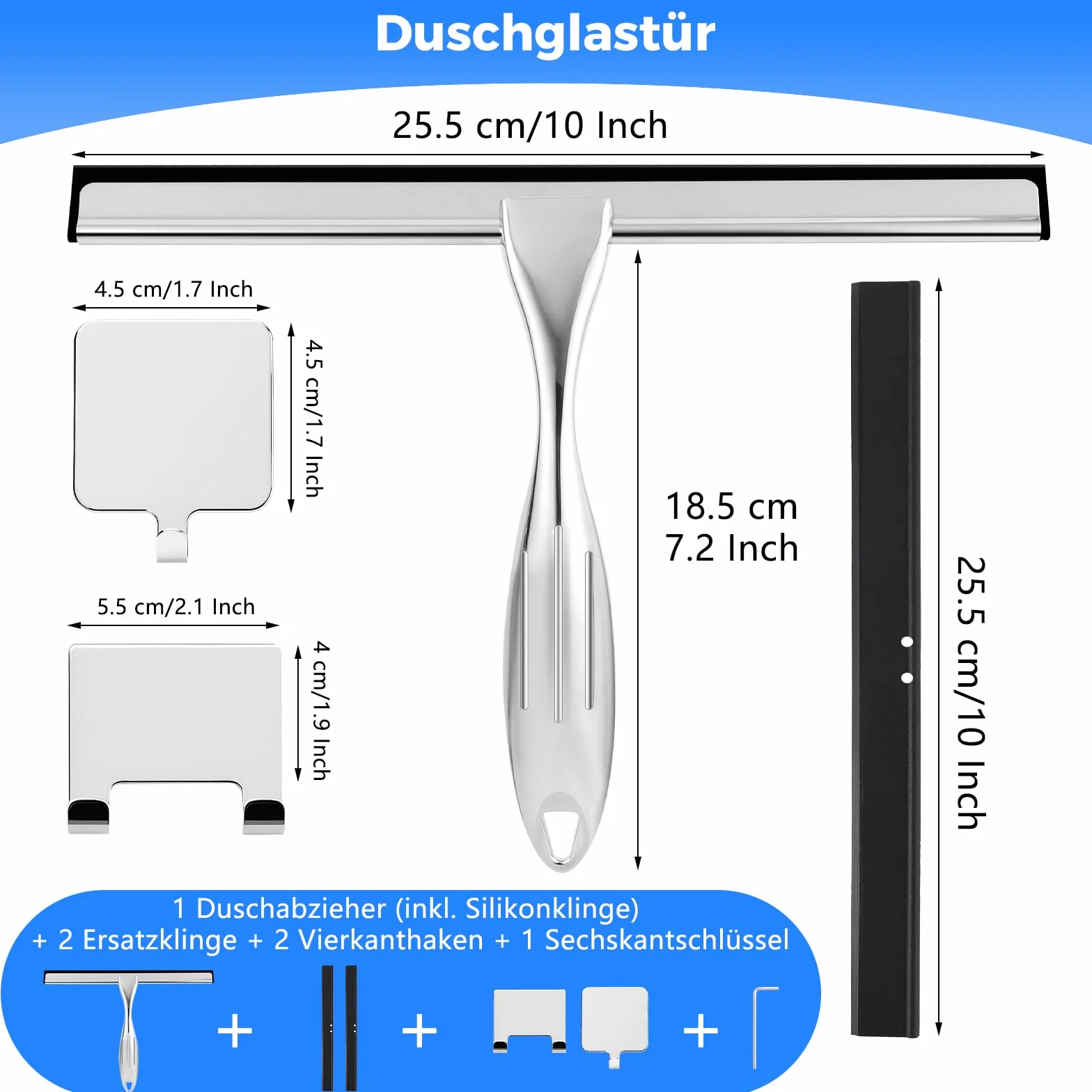 Ściągacz prysznicowy 30 cm ze stali nierdzewnej z 2 zapasowymi gumowymi końcówkami
