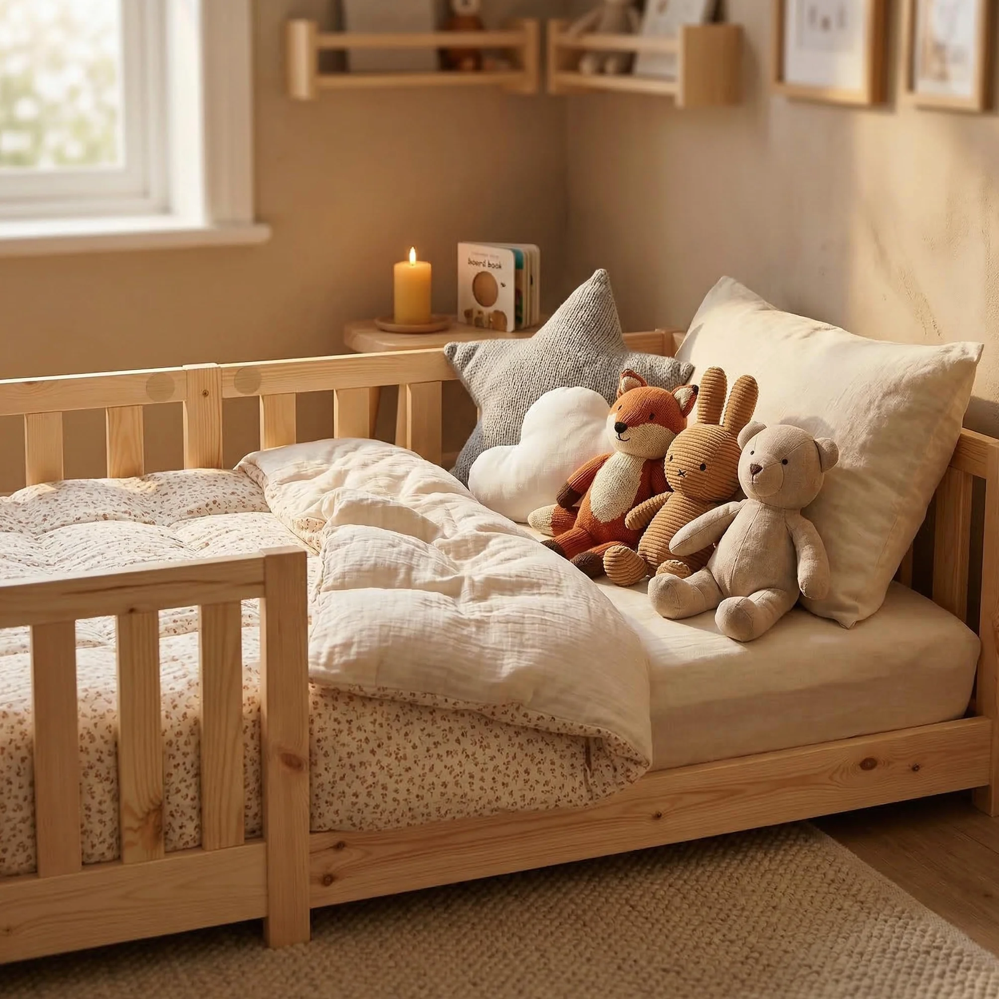 ecomi® Łóżko dziecięce 90 x 200 cm, z zabezpieczeniem przed wypadnięciem, łóżko podłogowe, łóżko dziecięce ze stelażem, dla dziewczynek i chłopców, lite drewno sosnowe, kolor naturalny