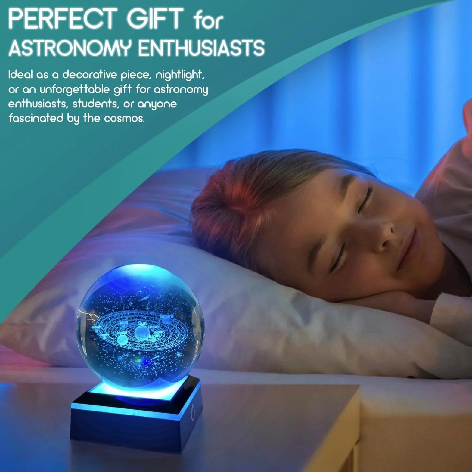 Kryształowa Kula Układ Słoneczny 3D LED 8cm Grawerowany z Nazwami Planet Dekoracja Nocna Prezent dla Dzieci
