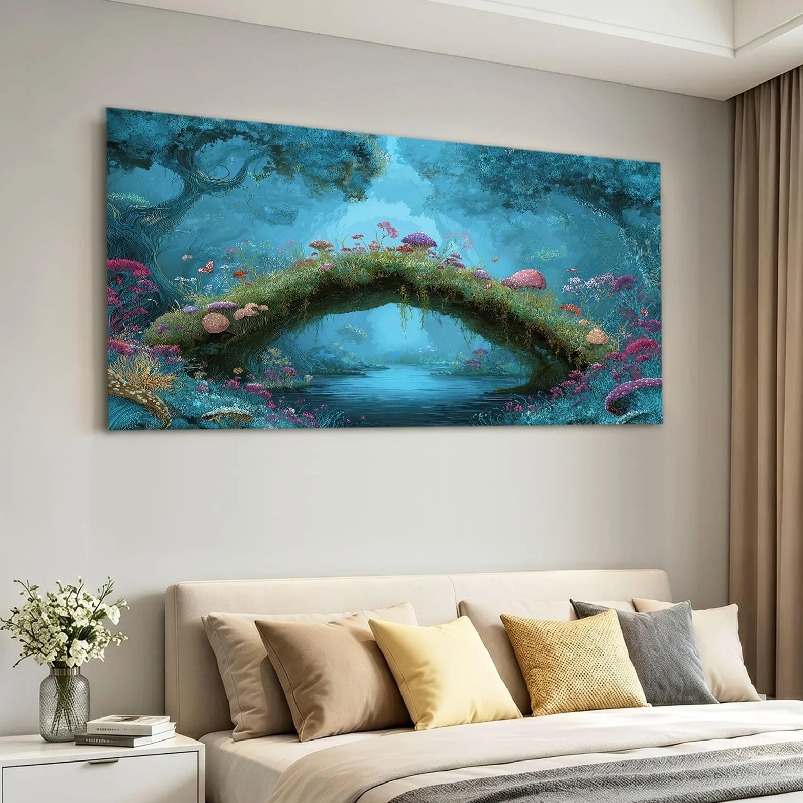 Natura, las na płótnie, oprawiony obraz na płótnie, oprawiony obraz, grafika do salonu, sypialni, przedpokoju, kuchni lub biura, dekoracja, 90 x 60 cm, niebieska dżungla, rośliny, grzyby