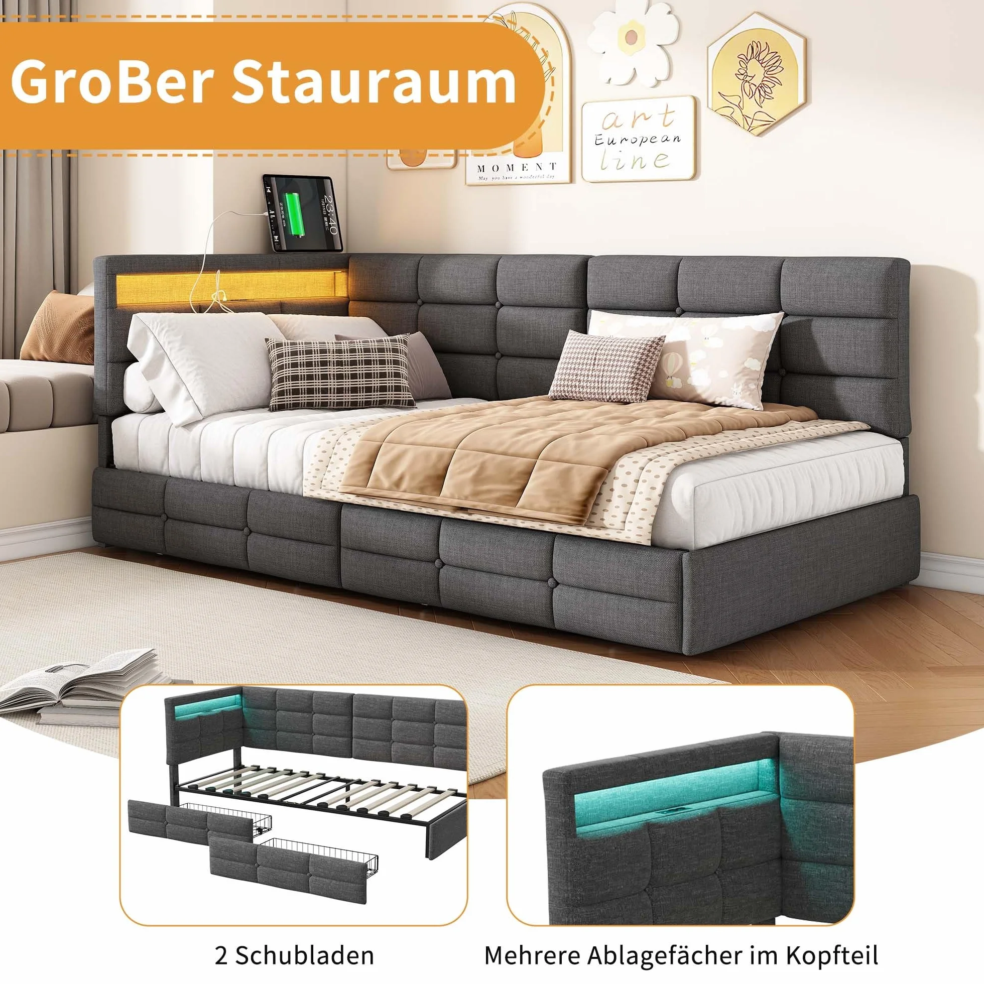 Sofa z funkcją spania w kształcie L 90x200 z 2 szufladami USB/Typ C LED