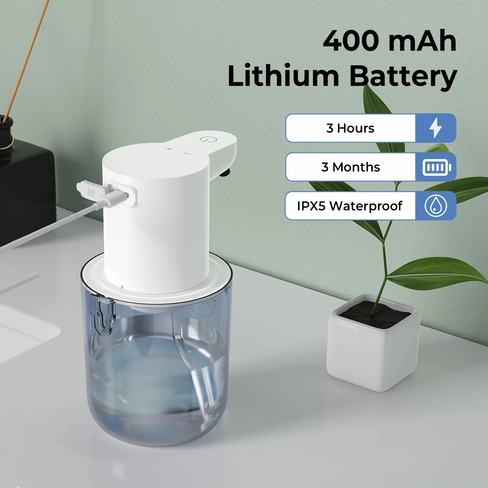 Automatyczny Dozownik Piany Myjącej 400ml Bezdotykowy IPX5 Ładowanie USB Biały