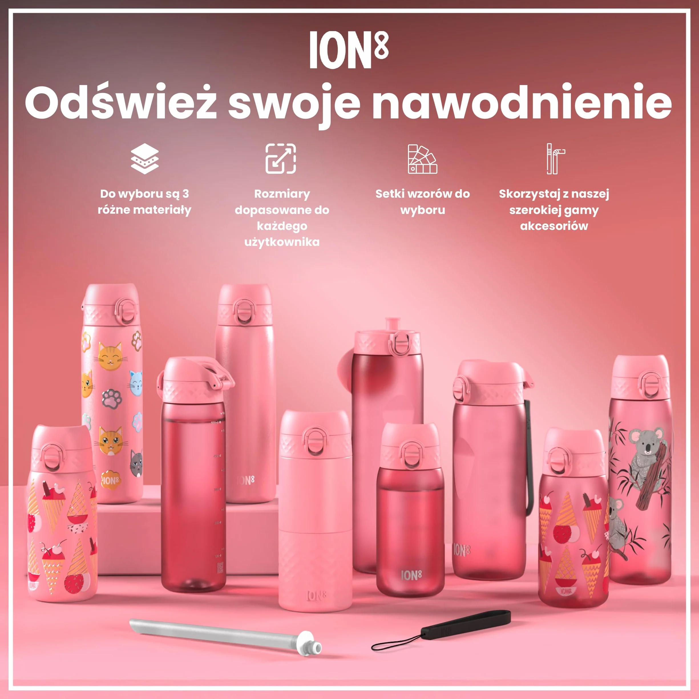 ION8 Termoizolowana Butelka na Wodę, Stali Nierdzewnej, 500 ml/18 oz, Szczelna, Łatwa w Otwieraniu, Bezpieczny Zamek, Można Myć w Zmywarce, Uchwyt do Przenoszenia, Metalowa Butelka, Kwiat Róży
