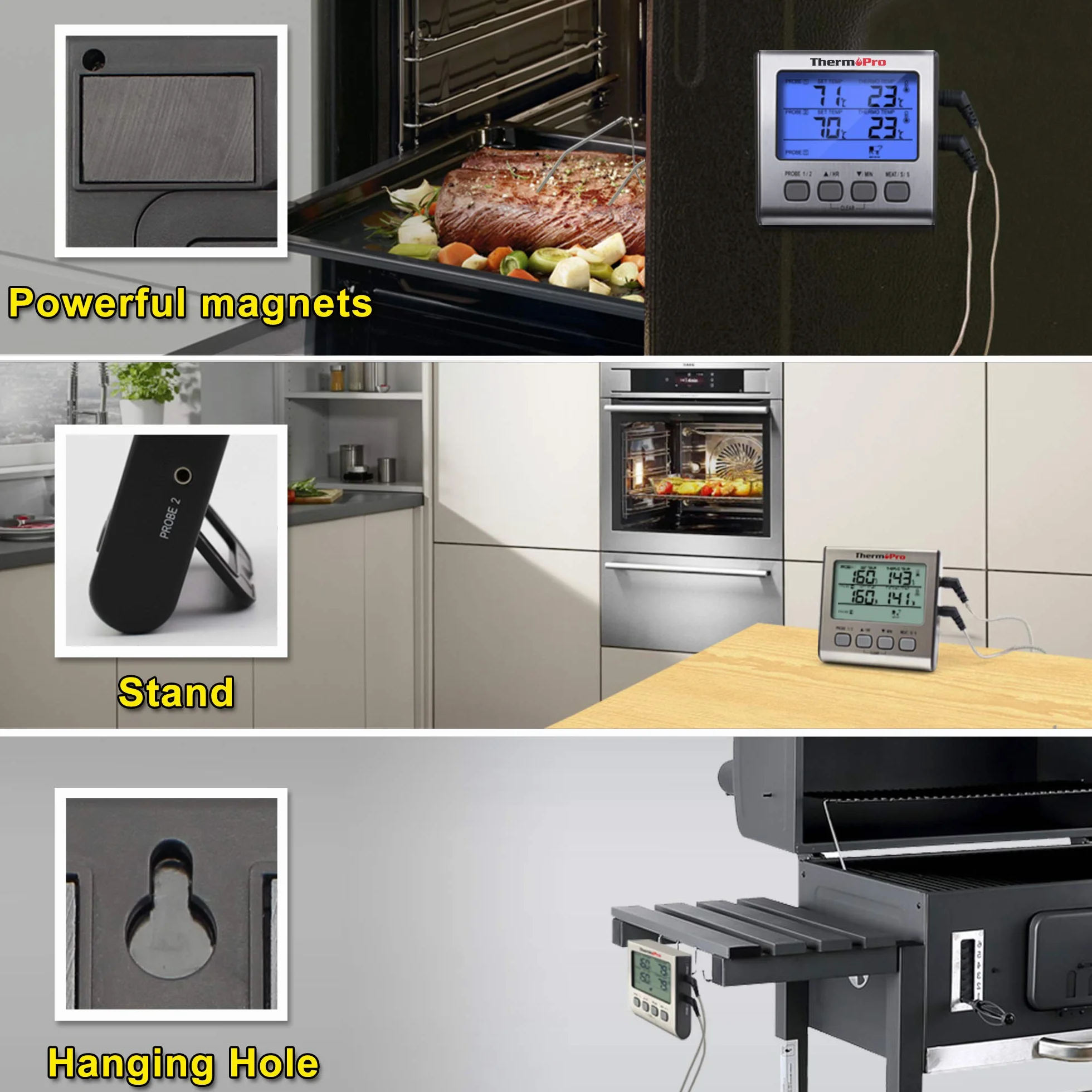ThermoPro TP17 Cyfrowy termometr do mięsa Termometr do żywności Podwójne sondy temperatury żywności do palacza Piekarnik kuchenny Duży termometr kuchenny z podświetleniem LCD z alarmem czasowym