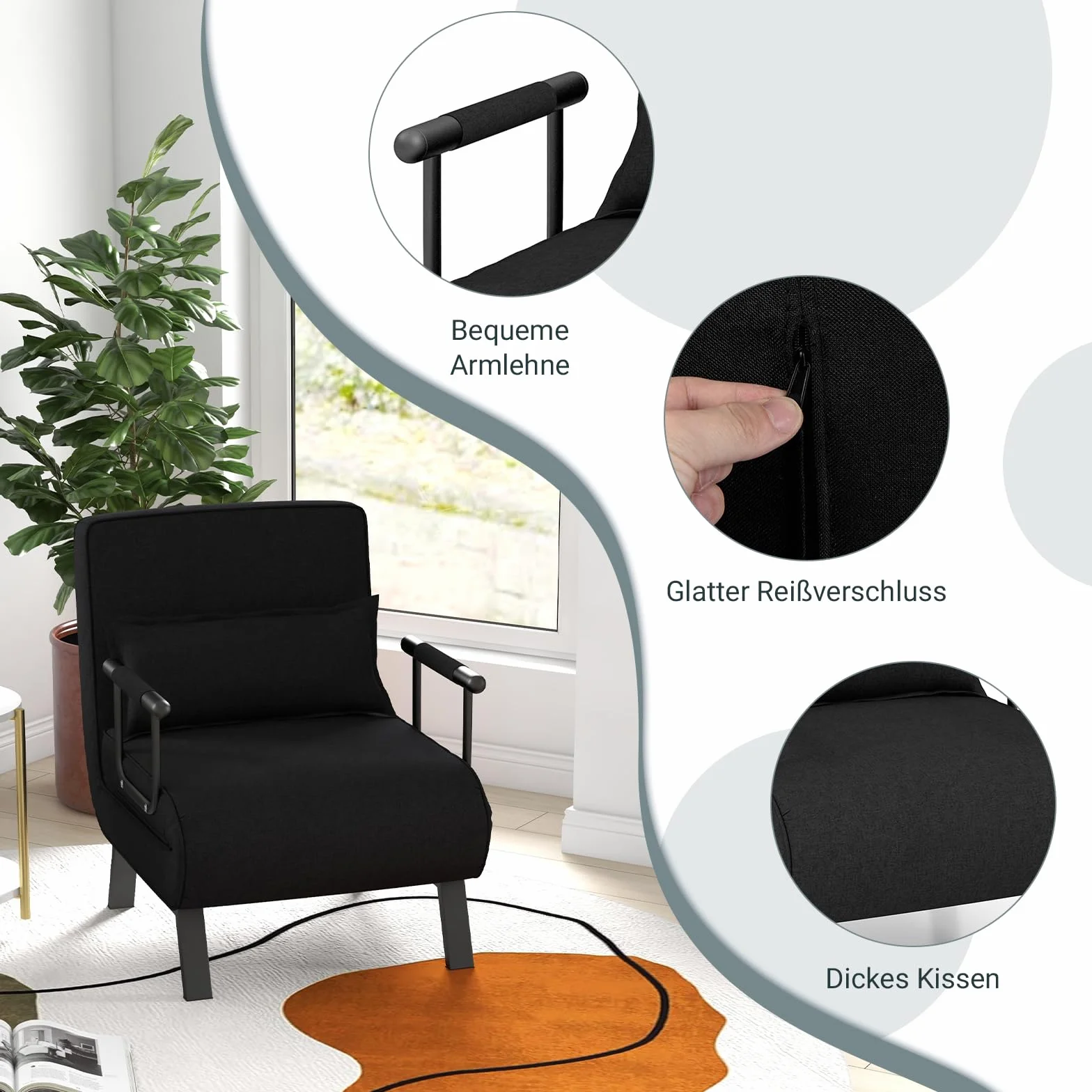 GOPLUS 4 w 1 fotel do spania z funkcją łóżka, sofa do spania z 6-stopniową regulacją oparcia i zdejmowanym poduszkiem, fotel relaksacyjny, rozkładana sofa do łóżka, składany do domu i biura (czarny)