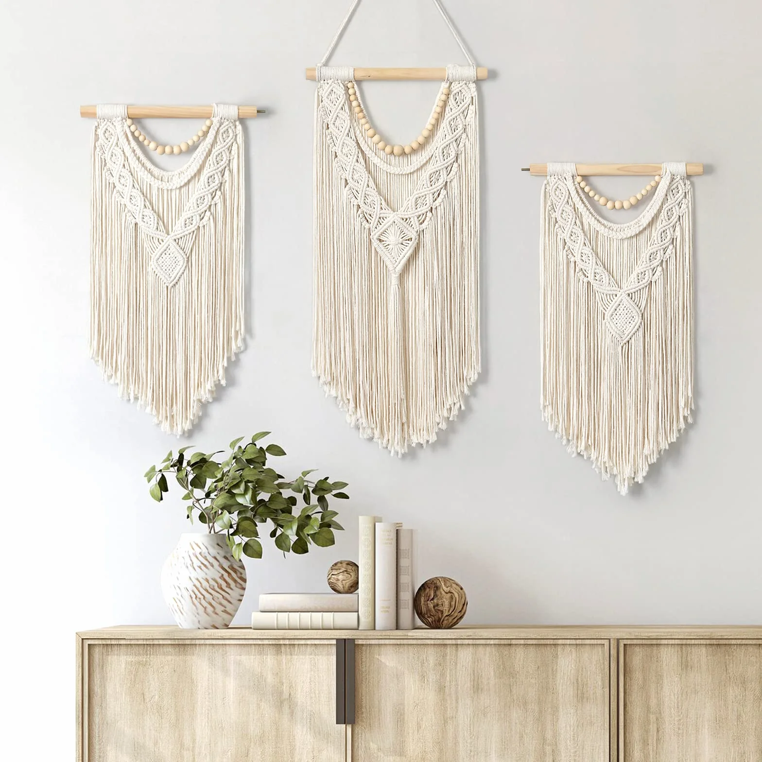 Dremisland Duża makrama, makrama, dywan ścienny, dekoracja ścienna w stylu boho, tkana, beżowe, frędzle, perły, sztuka ścienna, estetyczna chusta na ścianę, makrama, dekoracja ścienna, do sypialni