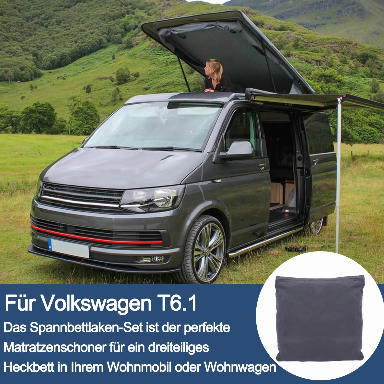 Prześcieradło z gumką do przyczepy kempingowej VW California T6.1, dach rozkładany, na tylne łóżko, łóżko piętrowe, zamiennik do przyczepy kempingowej, szare prześcieradło z gumką, do kampera