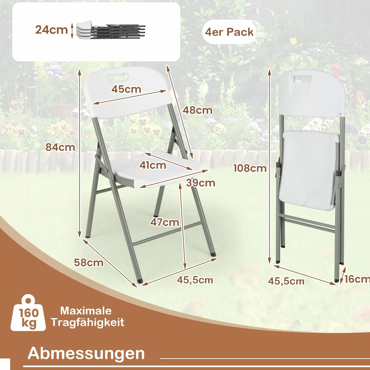 COSTWAY Krzesła składane zestaw 4 sztuk, metalowa rama, nośność 160 kg, biały