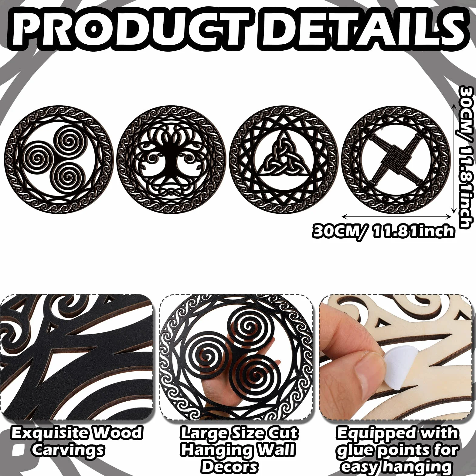 Celtycki symbol dekoracja ścienna, 4 szt. celtycki węzeł krzyżowy, potrójny spiralny symbol, drewniany znak, drewniana geometria, sztuka ścienna, dekoracja, irlandzkie błogosławieństwo, dekoracja