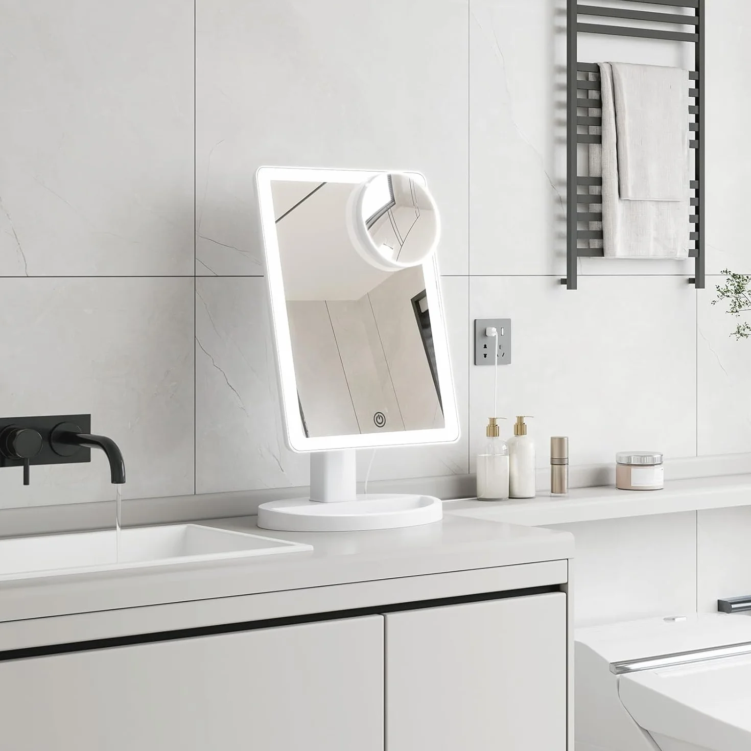 FUNTOUCH Duże podświetlane lustro kosmetyczne do makijażu ze światłem (model X-Large) – 3-kolorowe oświetlenie z 88 diodami LED, obrót 360°, sterowanie dotykowe, powiększenie 10x, przenośne stołowe