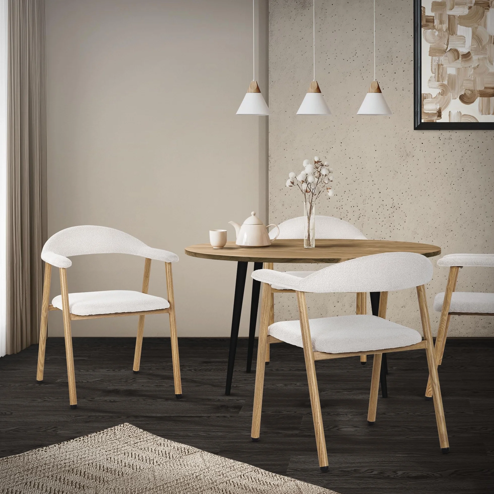 ML-Design Krzesla do Jadalni 2 Szt z Podlokietnikami Bezowy, Tapicerowane Krzesla Kuchenne z Oparciem, Ergonomiczne Fotele do Salonu z Tkanina Pleciona i Metalowymi Nogami w Drewnianym Stylu