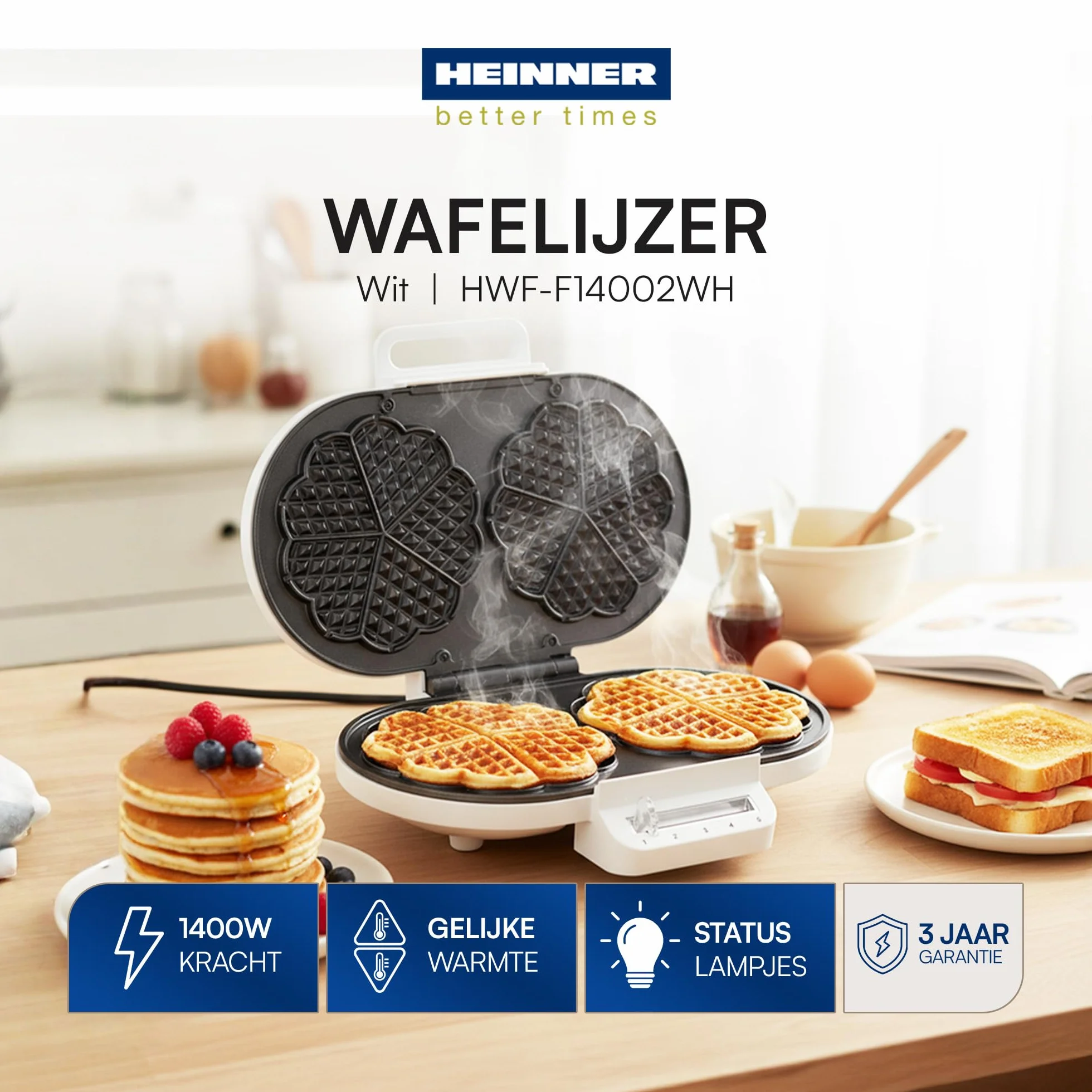 HWF-F14002WH gofrownica – 1400 W, powłoka nieprzywierająca, regulowany termostat, przechowywanie w pionie, kolor biały