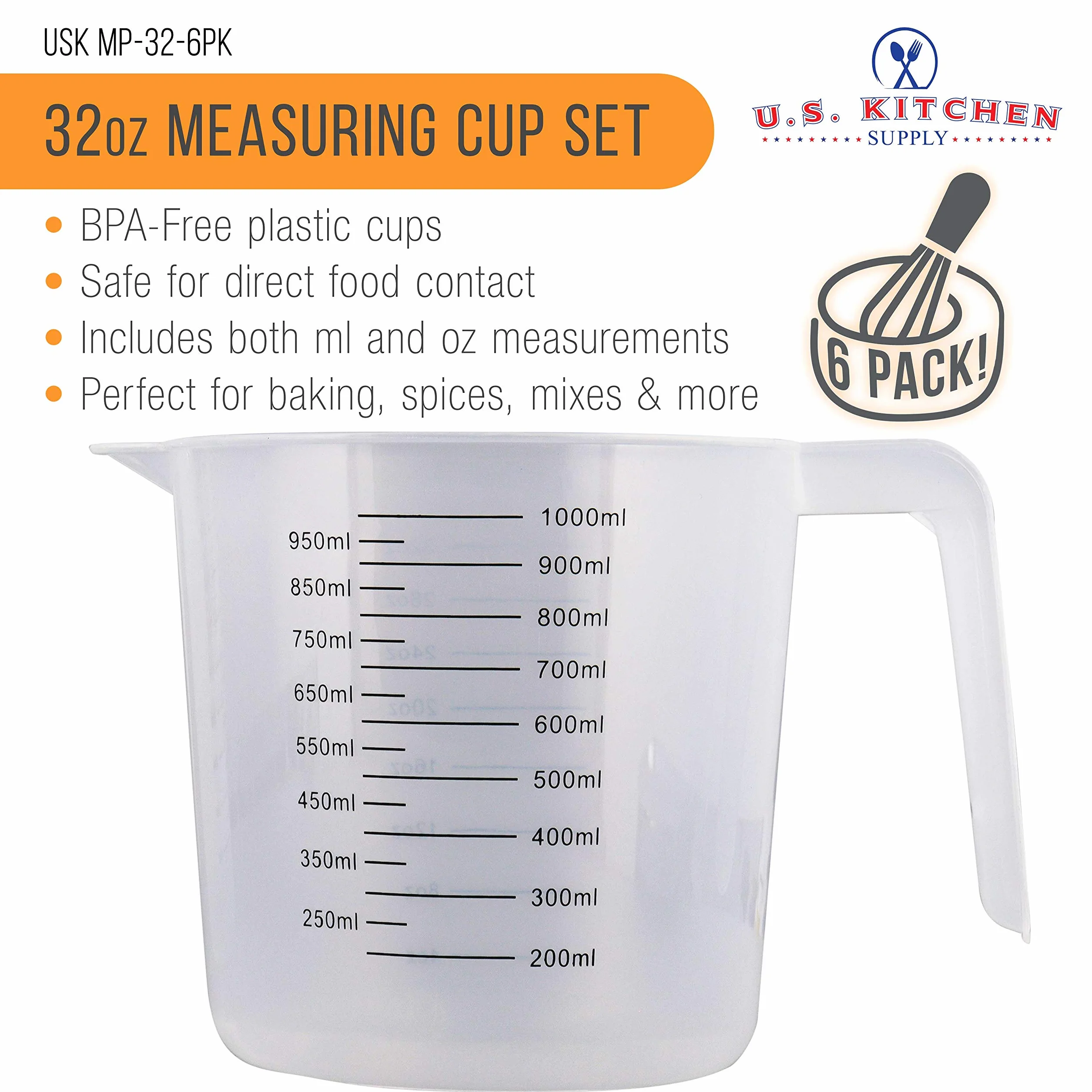U.S. Kitchen Supply - 1000 ml kubek z miarką z tworzywa sztucznego z uchwytami (6 sztuk) – 4 filiżanki pojemności, uncje i oznaczenia ML Cup – zmierz i mieszaj składniki przepisu, mąkę, wodę