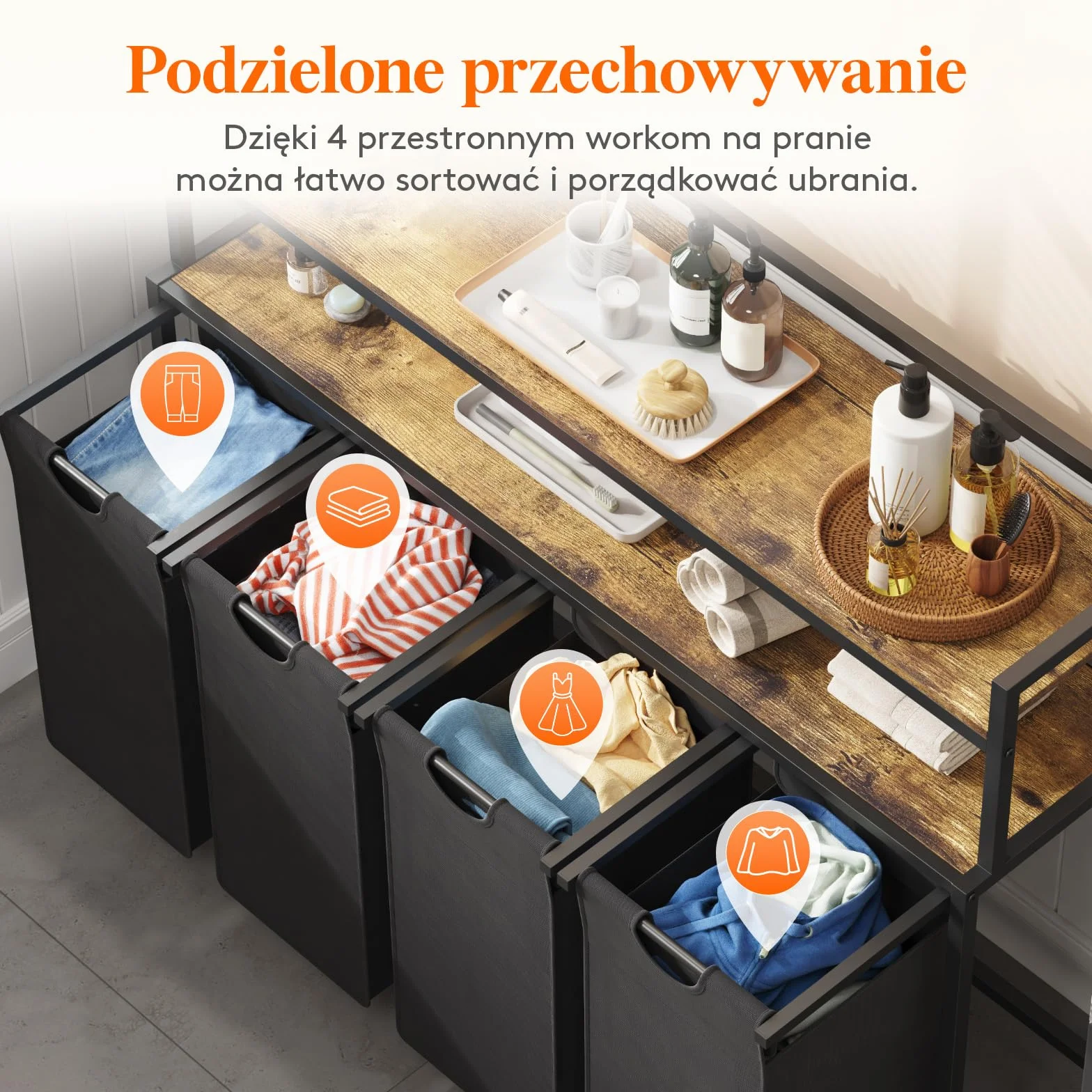 Lifewit Kosz na pranie z półkami, 4 sekcje, wysuwany kosz na pranie o pojemności 168l z kółkami, organizer na ubrania z 4 wyjmowanymi workami na pranie, sortownik na pranie, rustykalny brąz i czerń