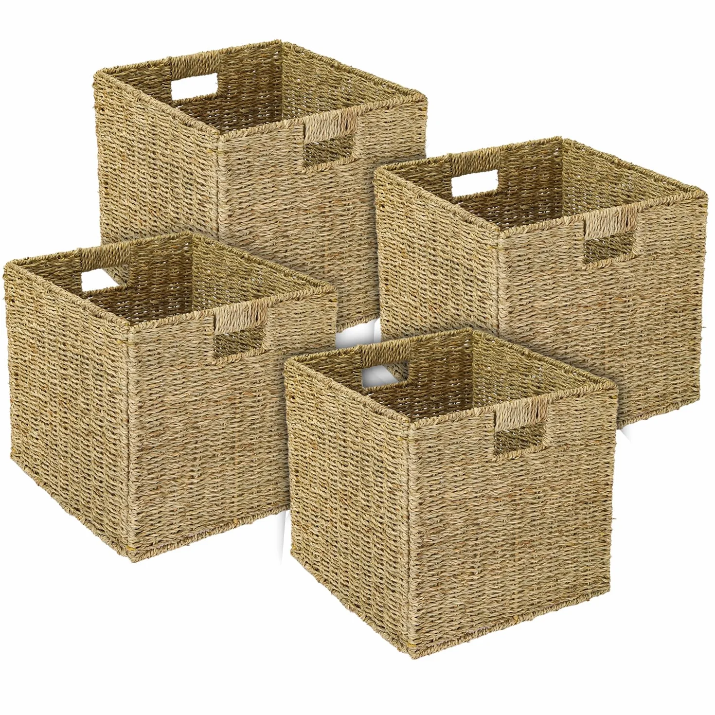 HMF Kosz do przechowywania kompatybilny z półką KALLAX, pleciony kosz z wodorostami z uchwytami, zestaw 4 sztuk, 32 x 34,5 x 32 cm, naturalny