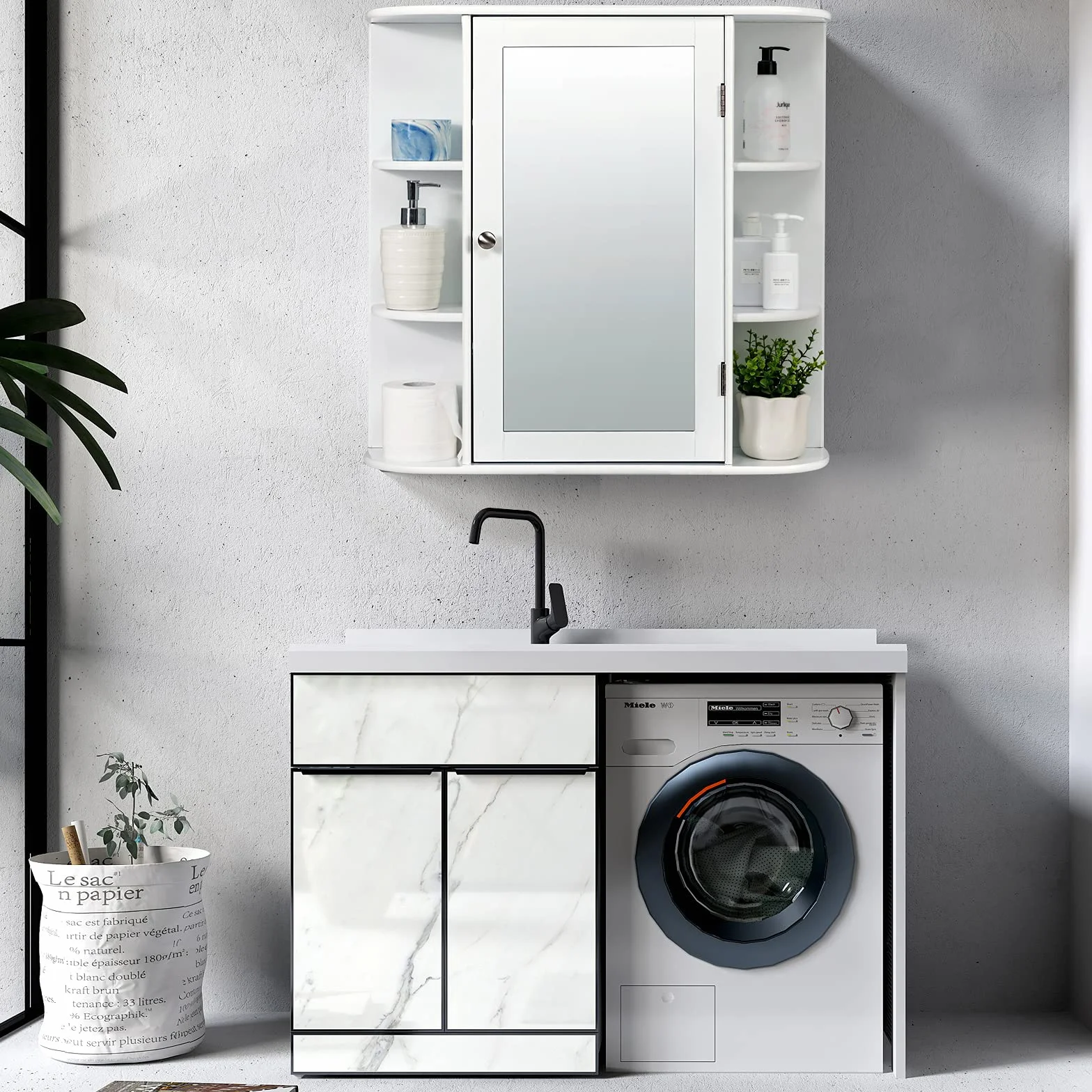 COSTWAY Wisząca Szafka Łazienkowa z Lustrem, 4 Zamykane Półki i 6 Otwartych, Drewniana, 66 x 17 x 63 cm, Biała – Duża Przestrzeń i Nowoczesny Design