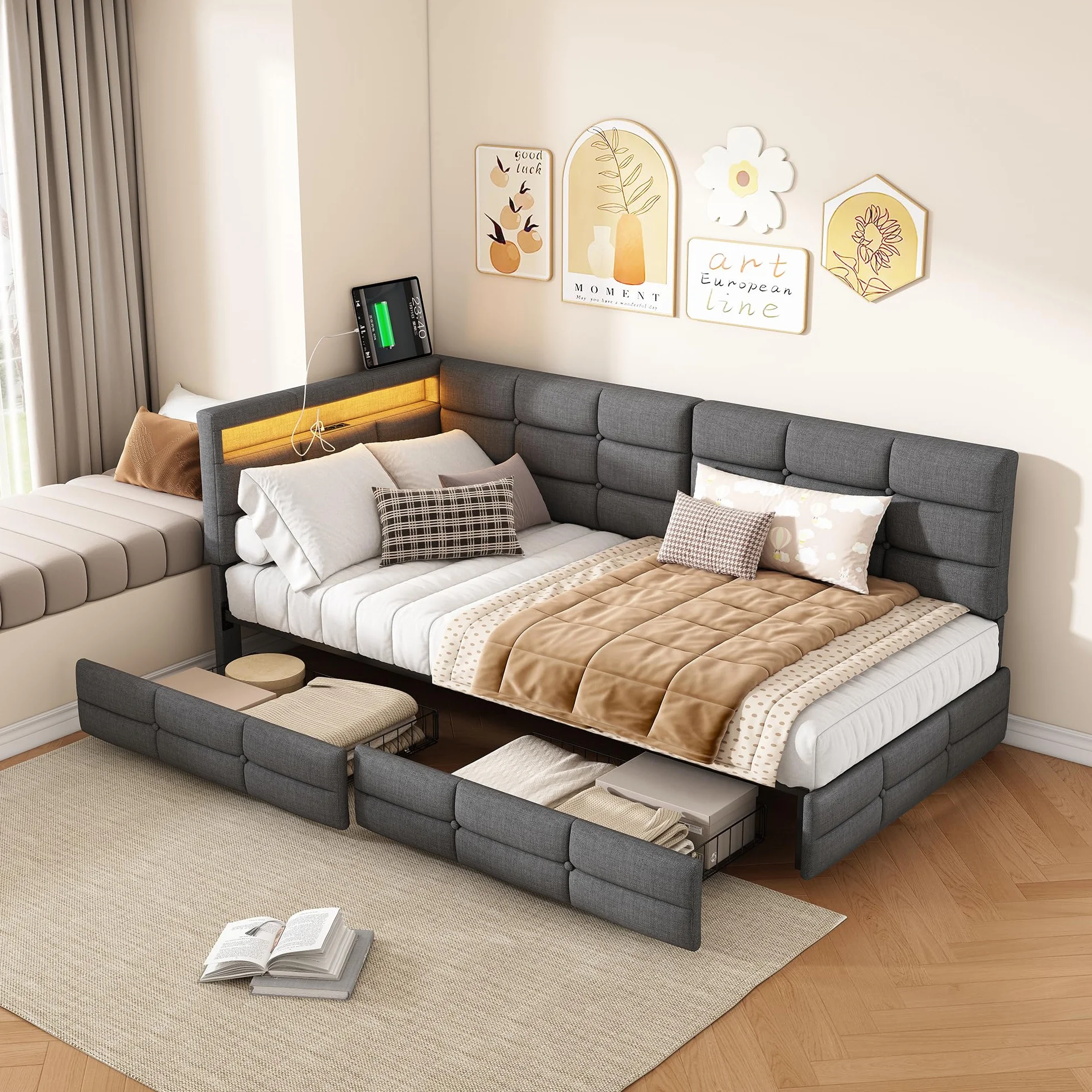 Łóżko 90 x 200 cm, z miejscem do przechowywania, tapicerowane, młodzieżowe, 90 x 200 cm, z diodami LED i USB, sofa z szufladami, pojedyncze łóżko dzienne ze stelażem, łóżko narożne, len, szare
