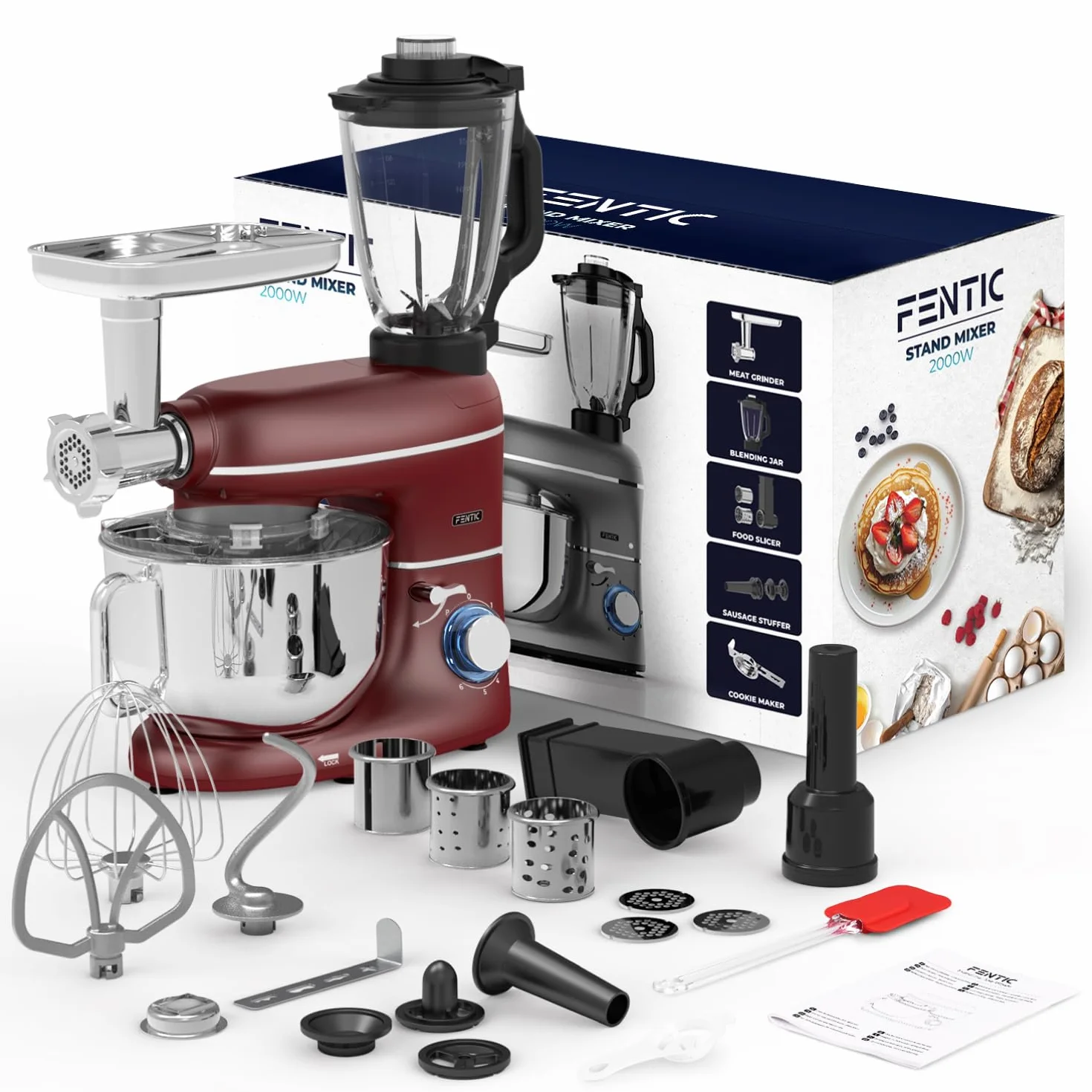 Robot kuchenny 2000 W, robot kuchenny, procesor żywności, miska do mieszania 6,2 l, w zestawie maszynka do mielenia mięsa, blender i dodatkowe akcesoria (Czerwony)