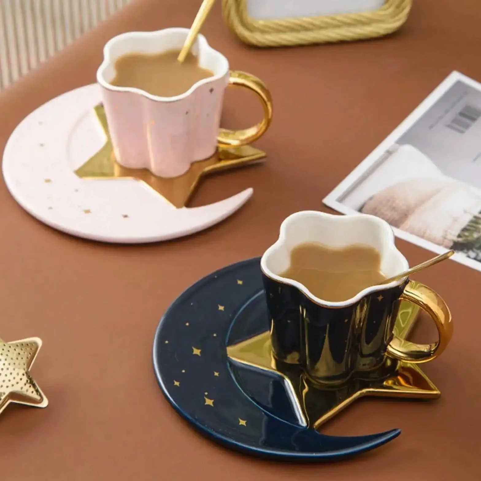 1 szt. kubek gwiazda księżyc ceramiczny kubek do kawy z filiżanką talerz łyżka popołudniowa herbata
