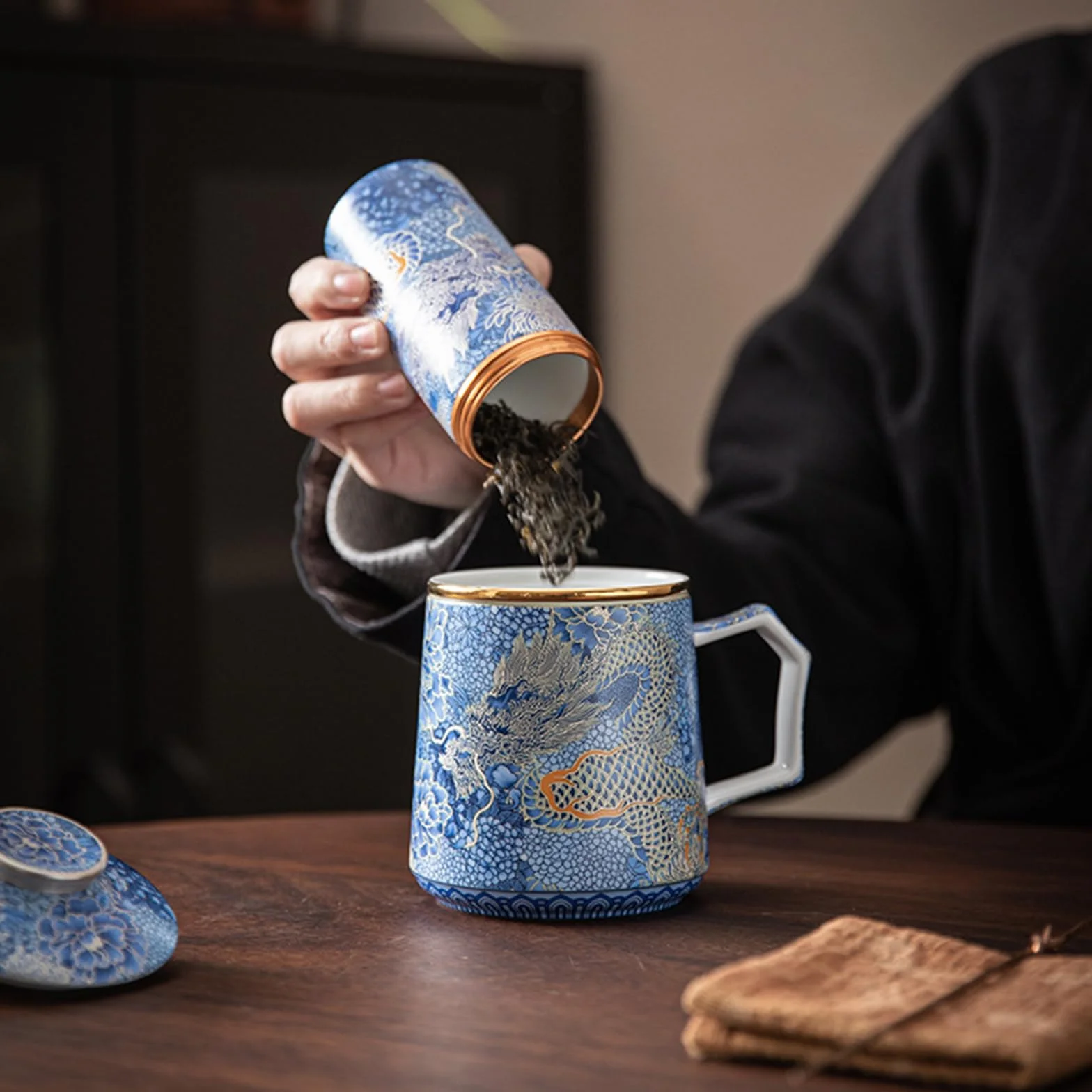 fanquare Chiński smok, filiżanki do herbaty, niebieska, porcelana, filiżanka do herbaty z zaparzaczem i pokrywką, duży kubek do herbaty, tradycyjny ceramiczny kubek do kawy z uchwytem, na prezent i do