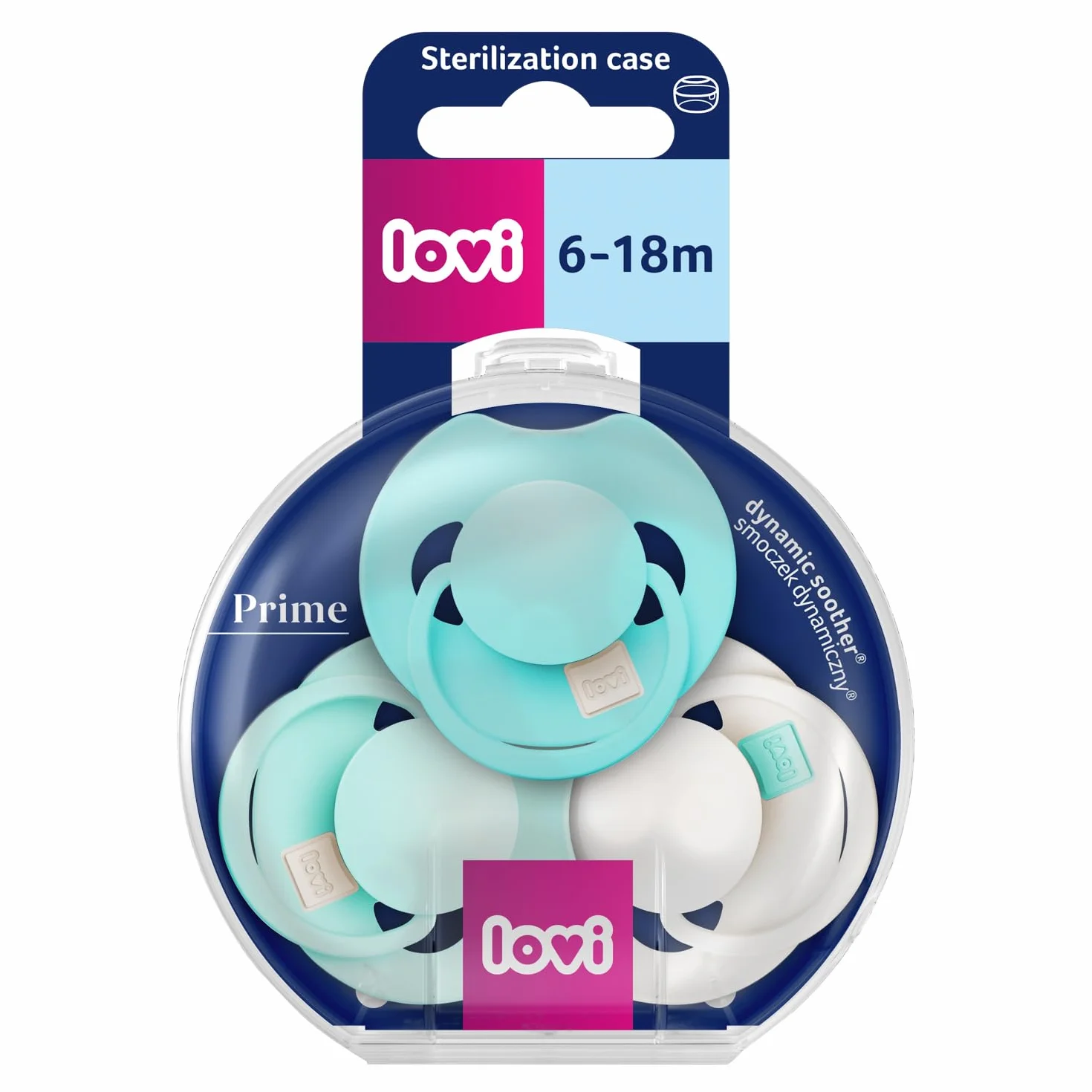 LOVI Prime Tutti Frutti smoczek silikonowy dynamiczny bez BPA, chroni odruch ssania, antyalergiczny, z kapsułą do sterylizacji (3, Aqua Green, 6-18 m)