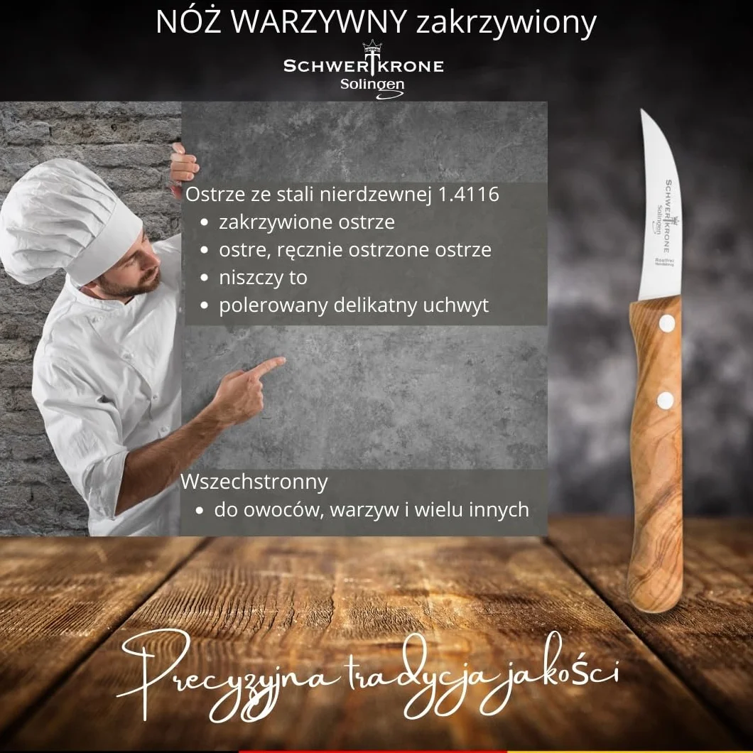 Schwertkrone Nóż Solingen, 1 szt., drewno oliwne, nóż do owoców, warzyw, ostry nóż do obierania, 15,5 cm, nierdzewny, wygięty w kształt ptasiego dziobu