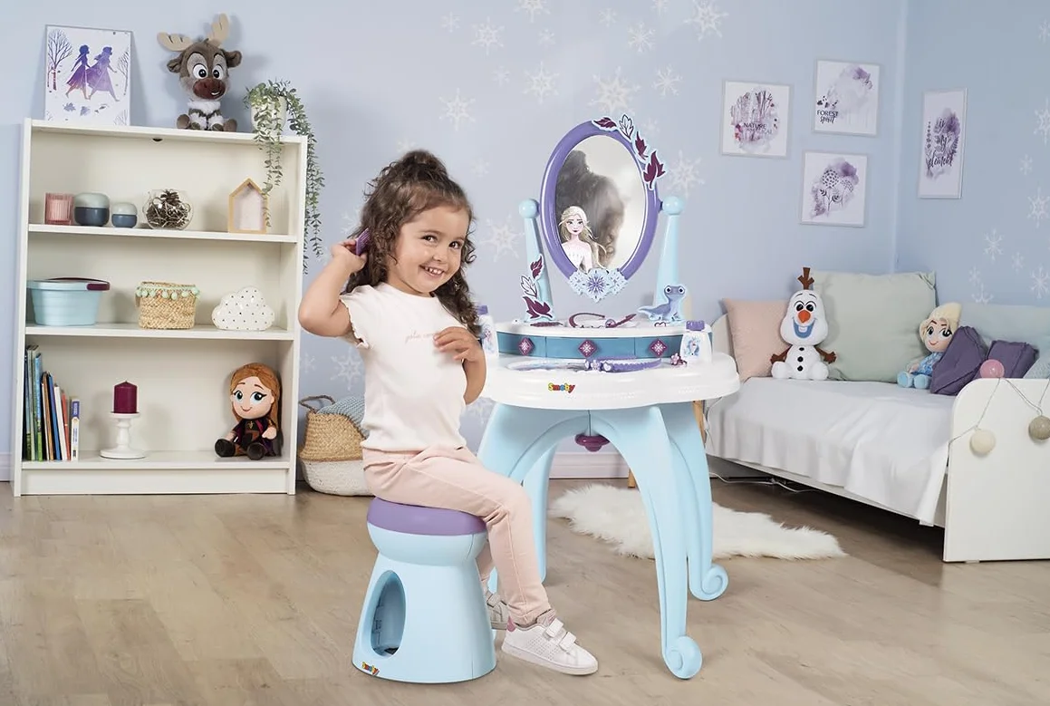 Smoby 7600320244 Kraina Lodu Toaletka 2w1, salon fryzjerki, stolik z lustrem Elsa, taboret, 10 akcesoriów, 49x36x87 cm