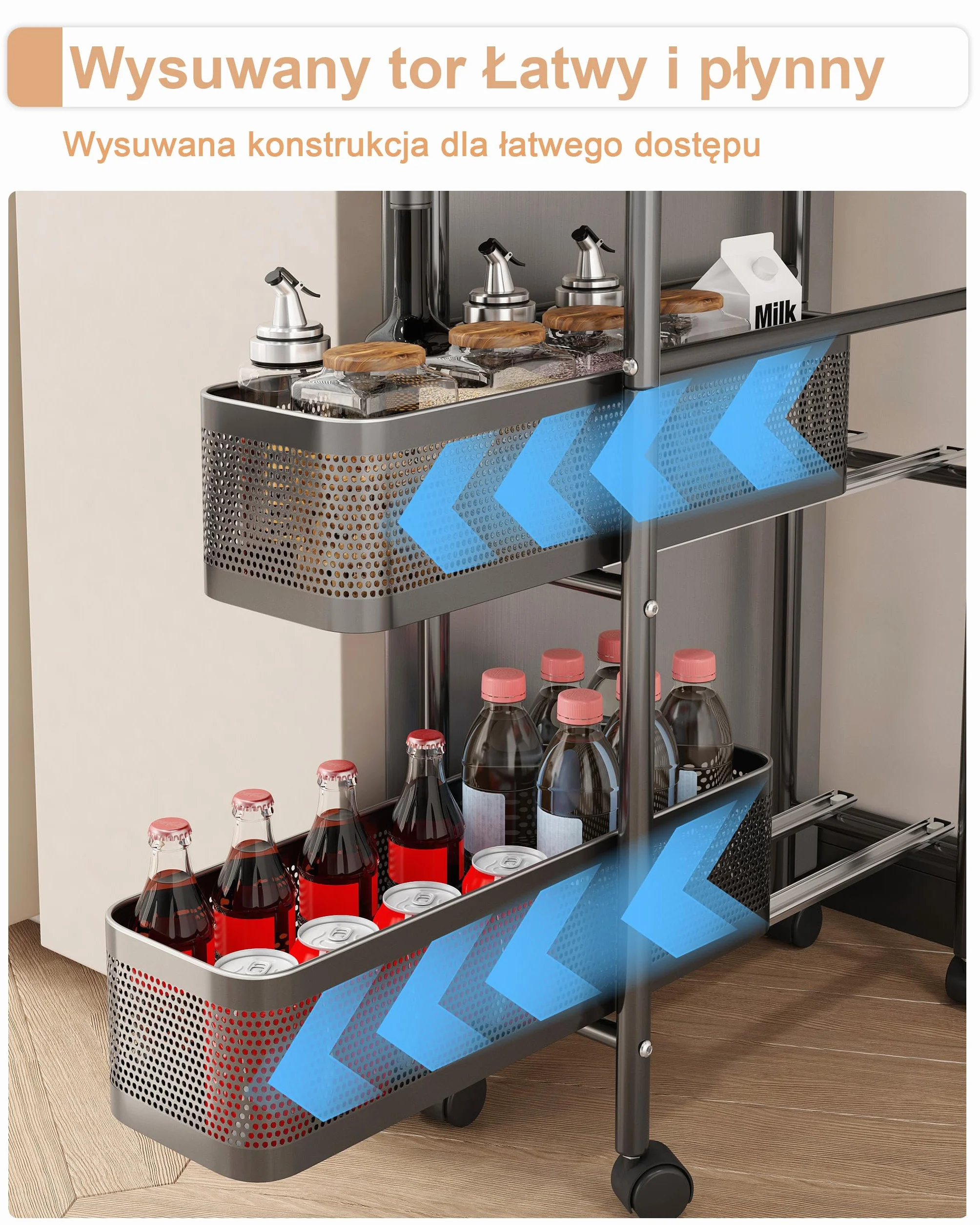 UMDONX Wózki kuchenne Wąski 5-poziomowy metalowy wózek na kółkach z wysuwanymi szufladami Półka wnękowa(Czarny)