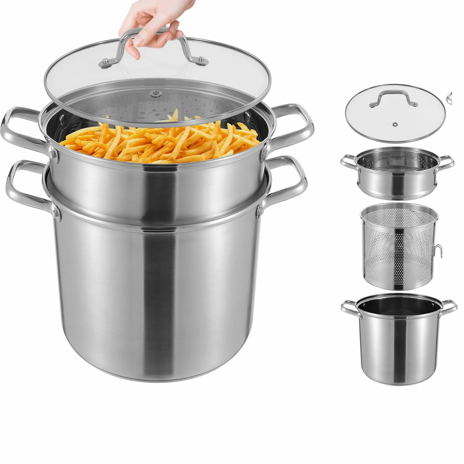 Garnek do gotowania, 8 l, duży garnek ze stali nierdzewnej, z koszem do smażenia i wkładką na parze, garnek do zupy do kuchenek gazowych, indukcyjnych, halogenowych i elektrycznych, nadaje się do