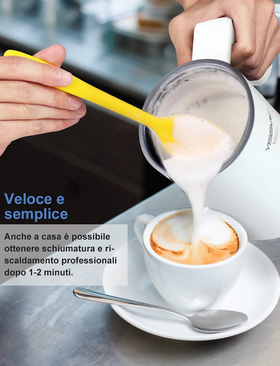 Yissvic 4-w-1 Elektryczny spieniacz do mleka 600W 300ml Stal nierdzewna spieniacz do mleka z nieprzywierającą powłoką do kawy, mleka, cappuccino, biały